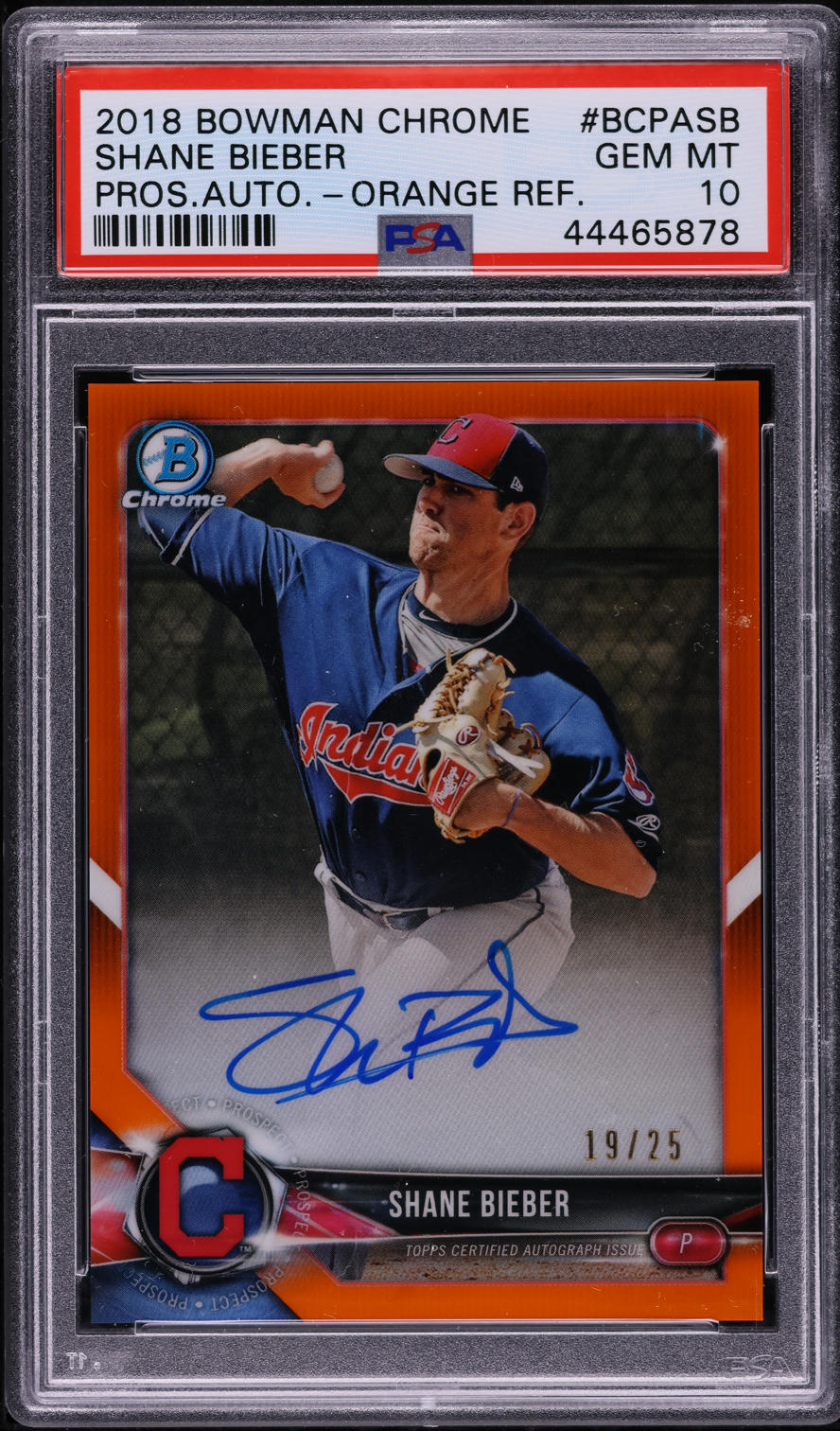 2018 Bowman Chrome Orange Refractor Shane Bieber ROOKIE AUTO /25 #BCPA-SB PSA 10