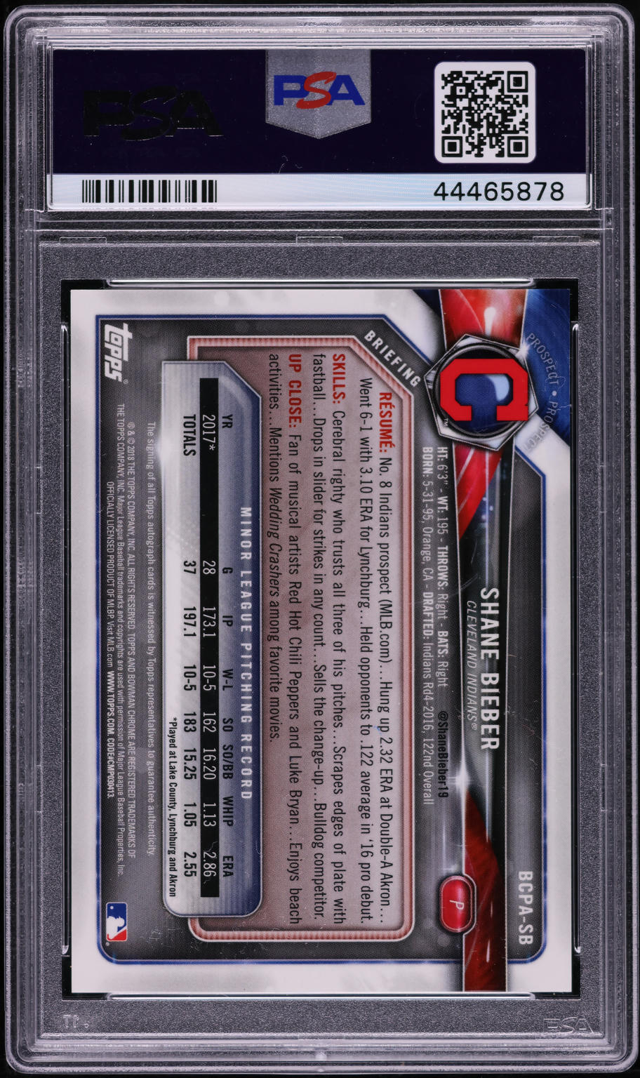 2018 Bowman Chrome Orange Refractor Shane Bieber ROOKIE AUTO /25 #BCPA-SB PSA 10