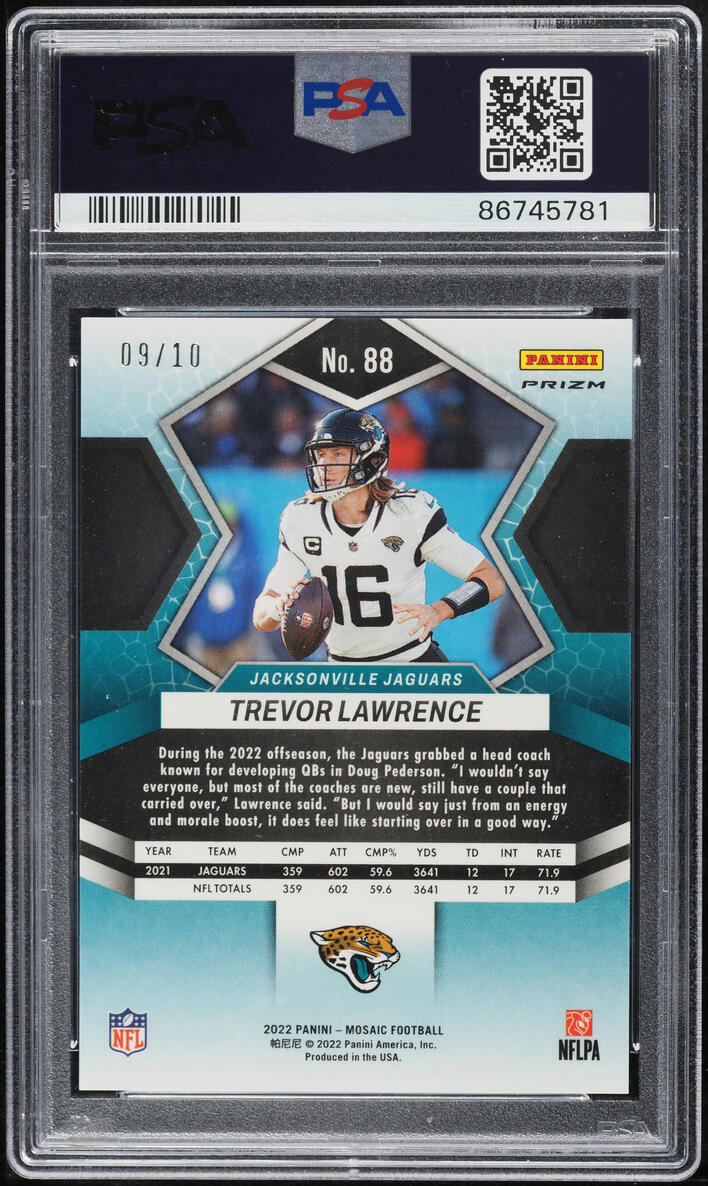 2022 Panini Mosaic No Huddle Gold Trevor Lawrence /10 #88 PSA 9