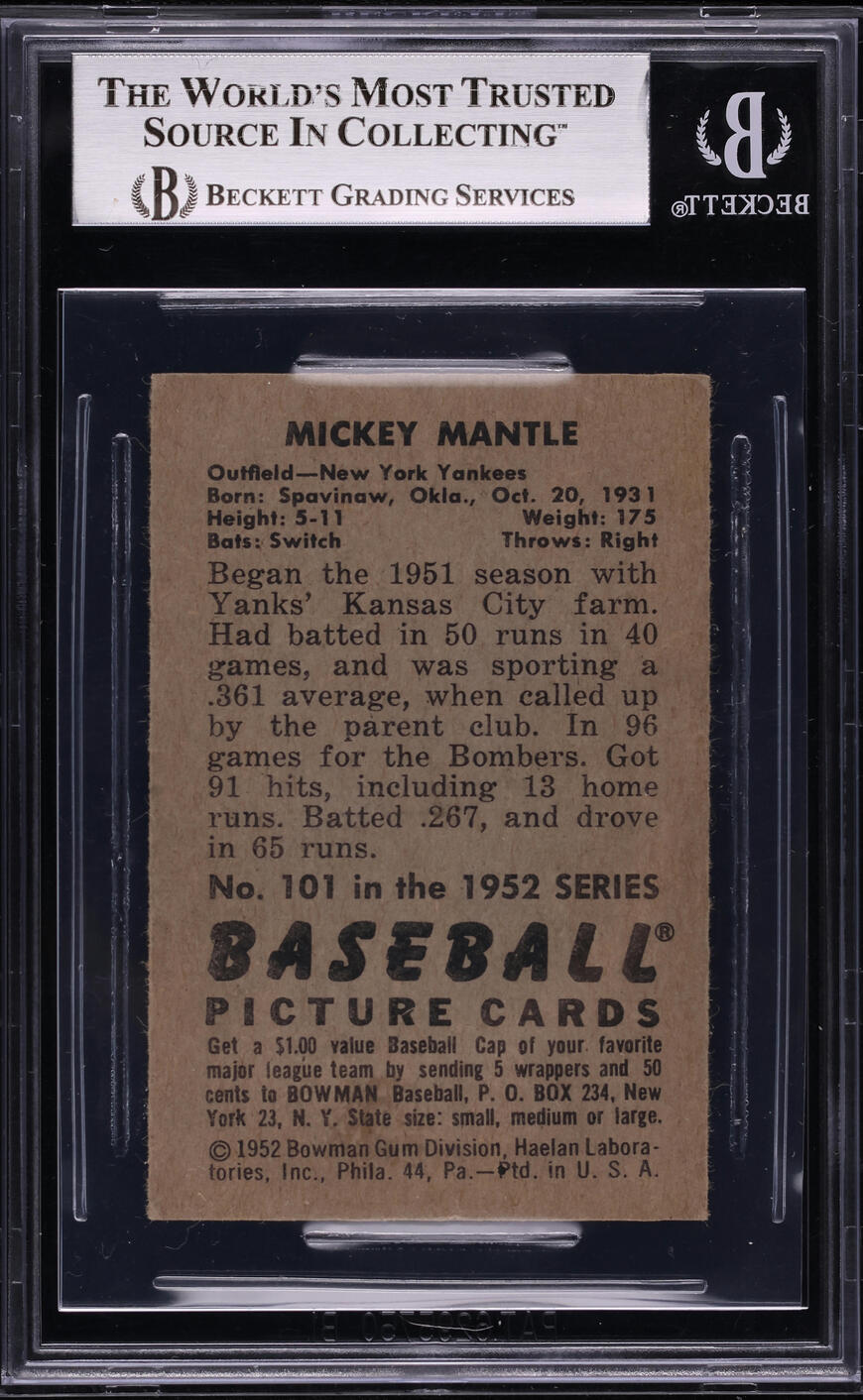 1952 Bowman Mickey Mantle #101 BGS 5.5 EX+