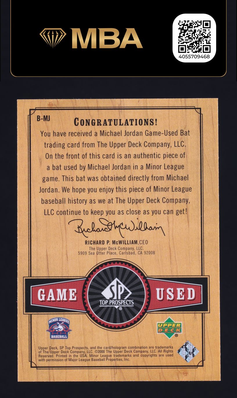 2001 SP Top Prospects Game Used Bat Michael Jordan PATCH #B-MJ MBA AUTH