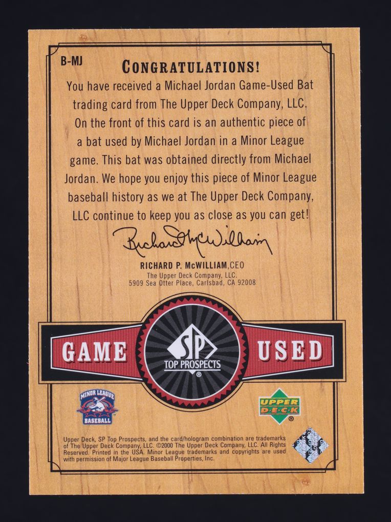 2001 SP Top Prospects Game Used Bat Michael Jordan PATCH #B-MJ MBA AUTH