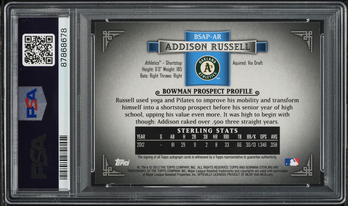 2012 Bowman Sterling Prospects Addison Russell ROOKIE AUTO #BSAP-AR PSA 9 MINT