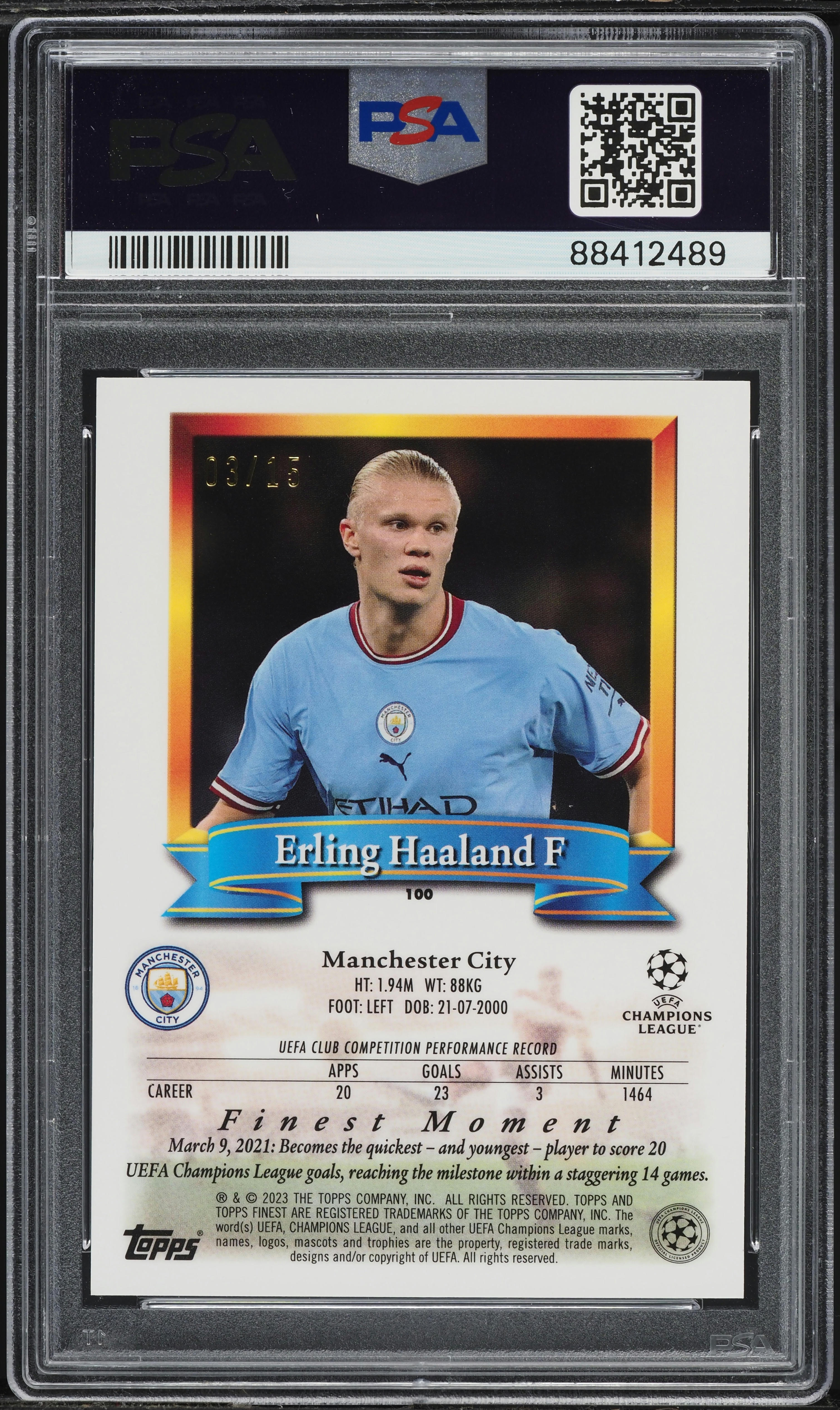 2022 Finest Flashbacks UEFA Purple Erling Haaland /15 #100 PSA 9