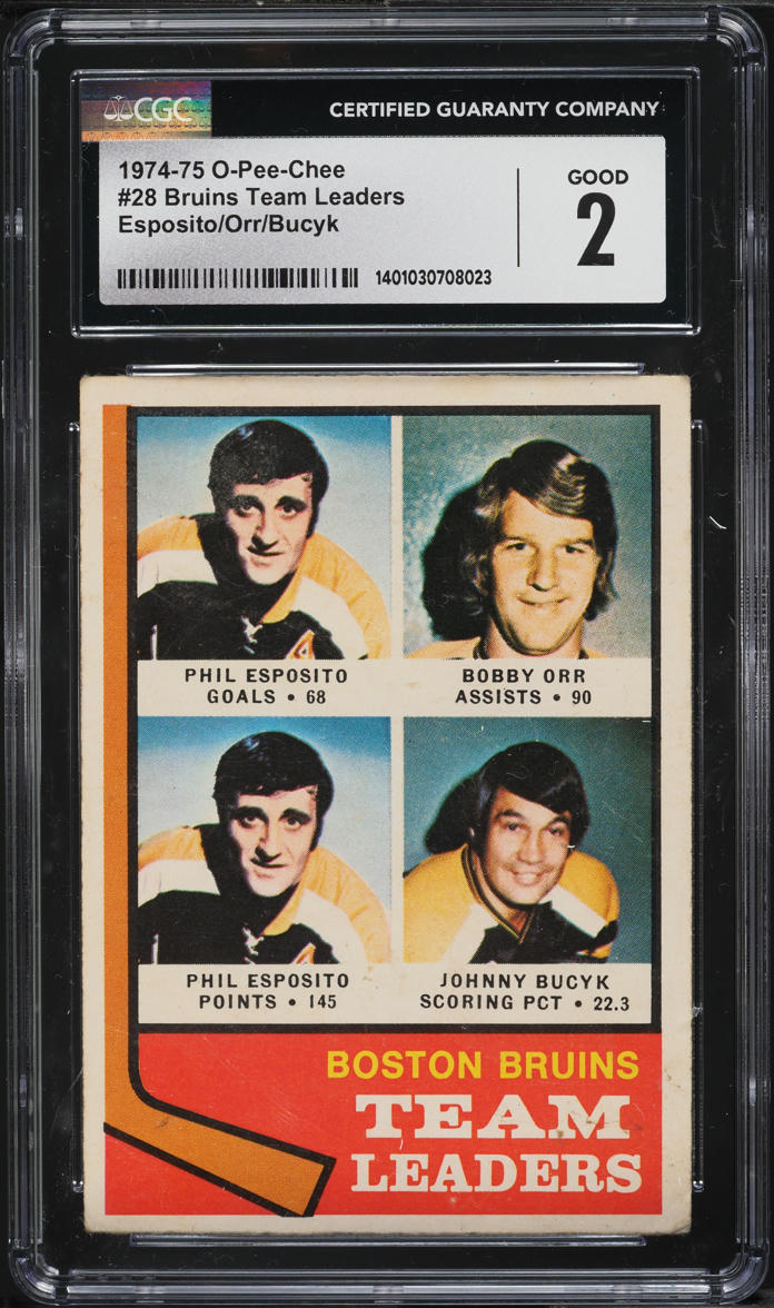 1974 O-Pee-Chee Bruins Leaders Phil Esposito, Johnny Bucyk & Bobby Orr CGC 2 GD