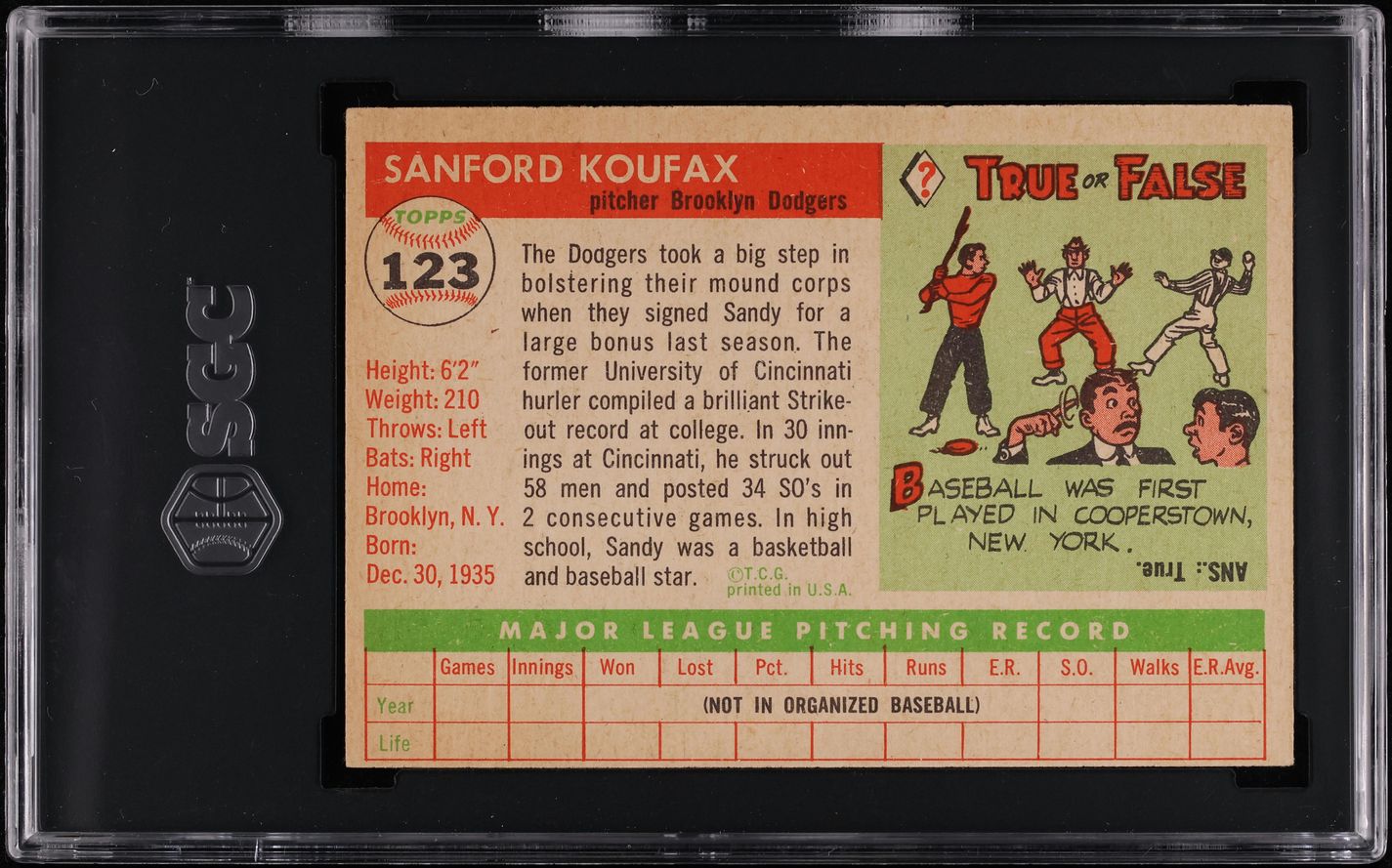 1955 Topps Sandy Koufax ROOKIE #123 SGC 5 EX
