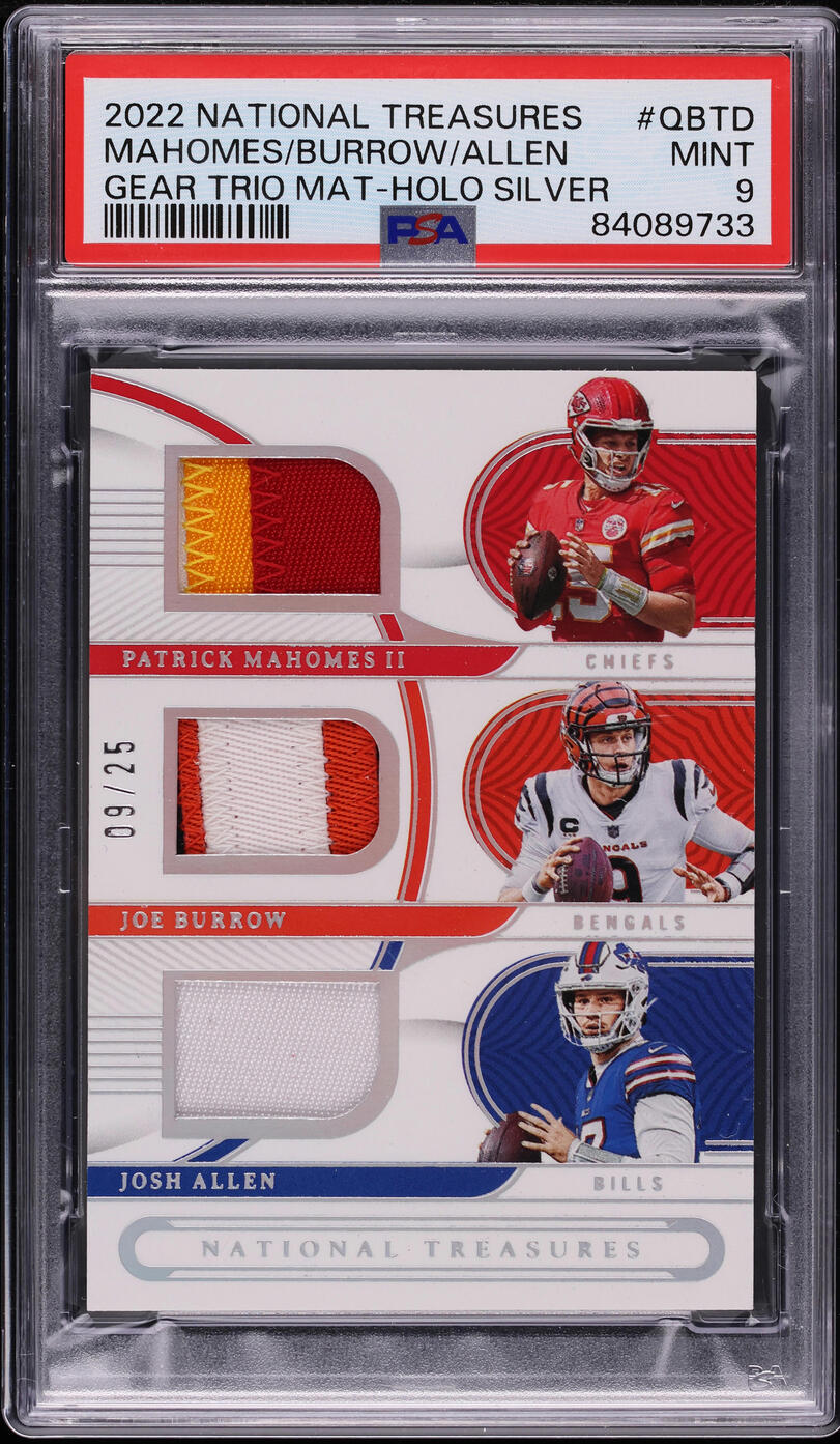 2022 National Treasures Holo Silver Mahomes Burrow Allen PATCH JSY # 9/25 PSA 9