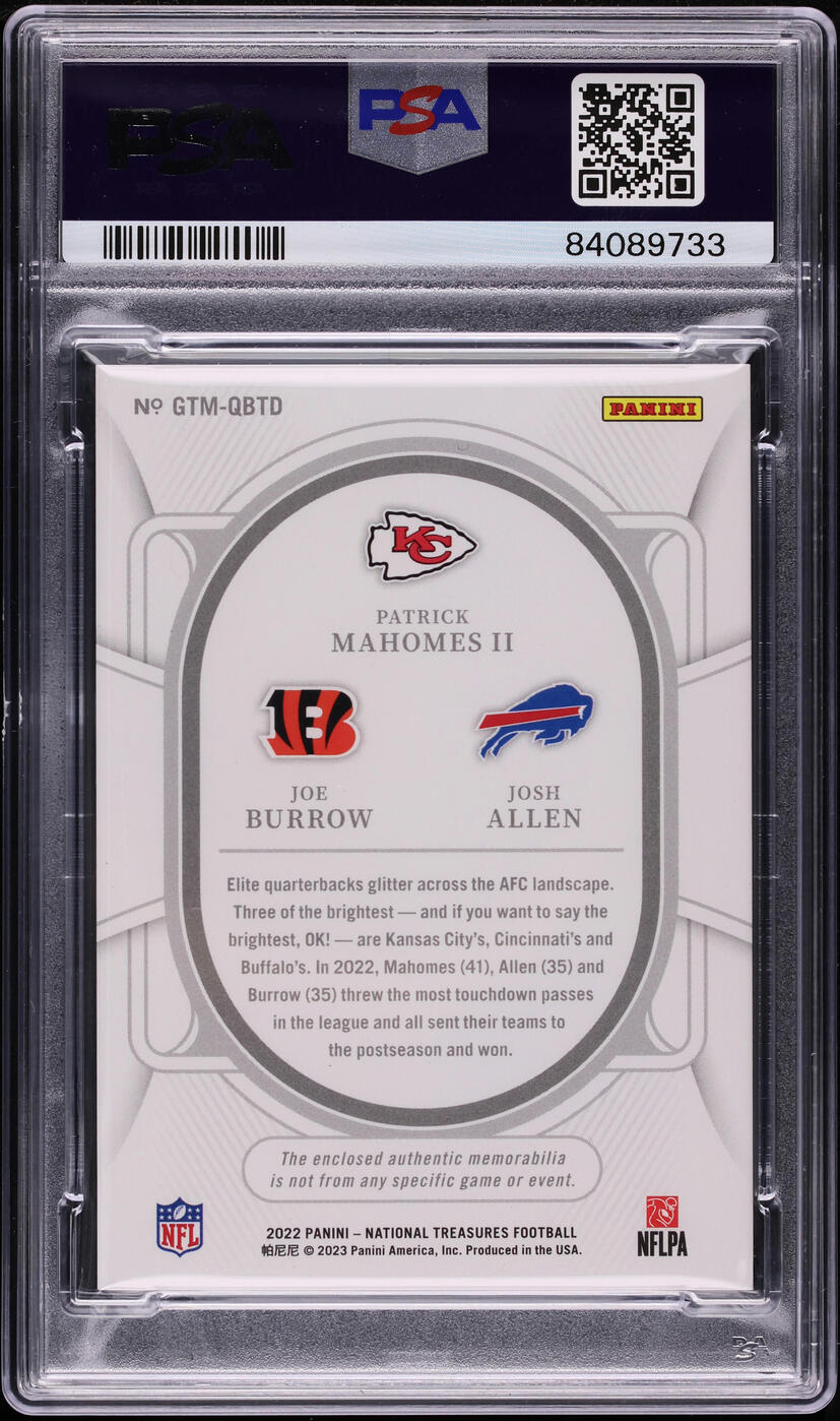 2022 National Treasures Holo Silver Mahomes Burrow Allen PATCH JSY # 9/25 PSA 9