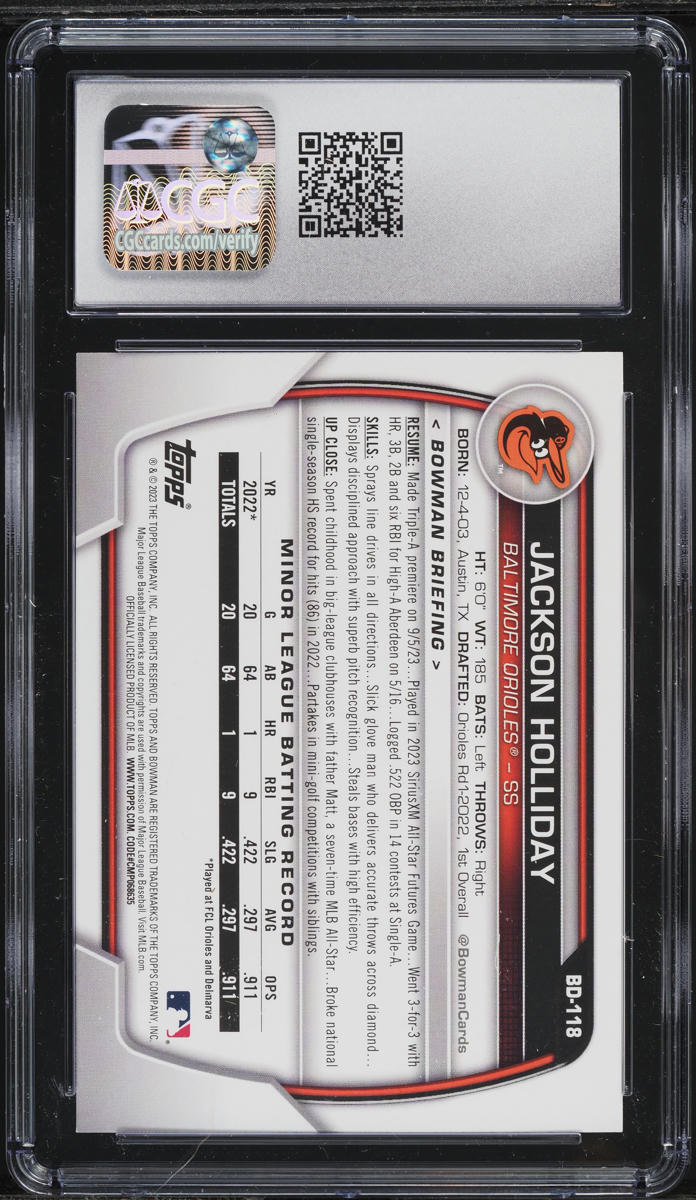2023 Bowman Draft Jackson Holliday ROOKIE #BD-118 CGC 10 GEM MINT