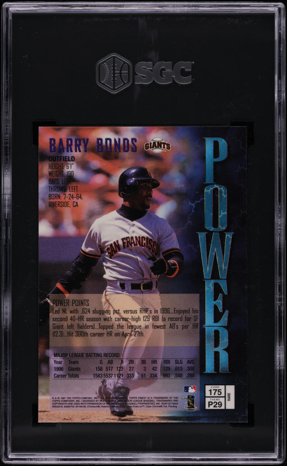 1997 Finest Gold w/ Coating Barry Bonds #175 SGC 10 GEM MINT