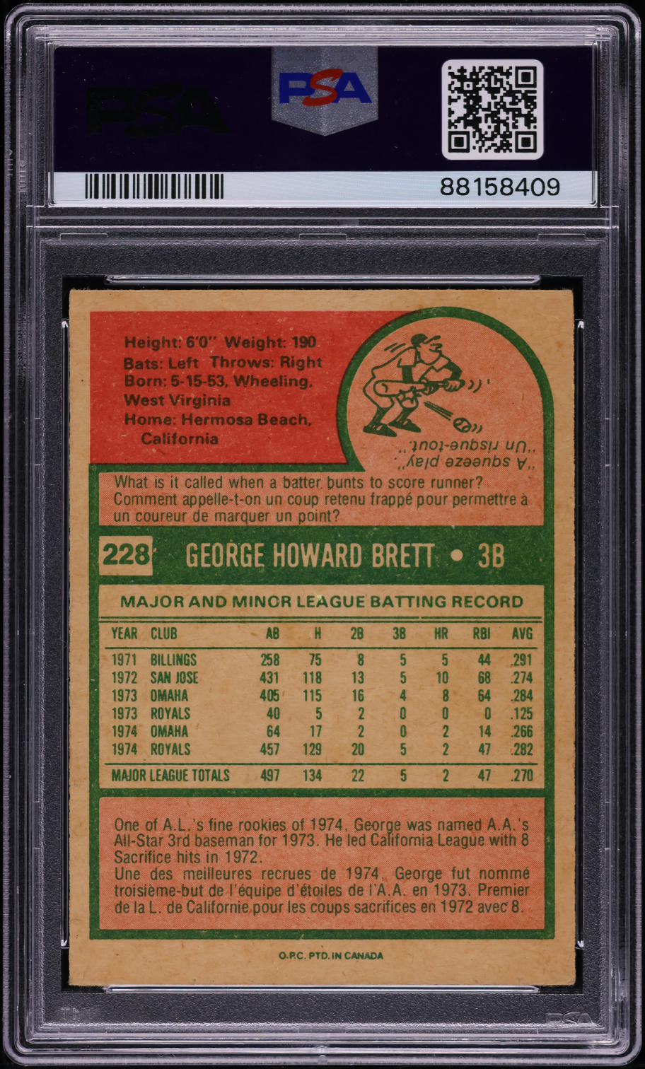 1975 O-Pee-Chee George Brett ROOKIE #228 PSA 4 VGEX