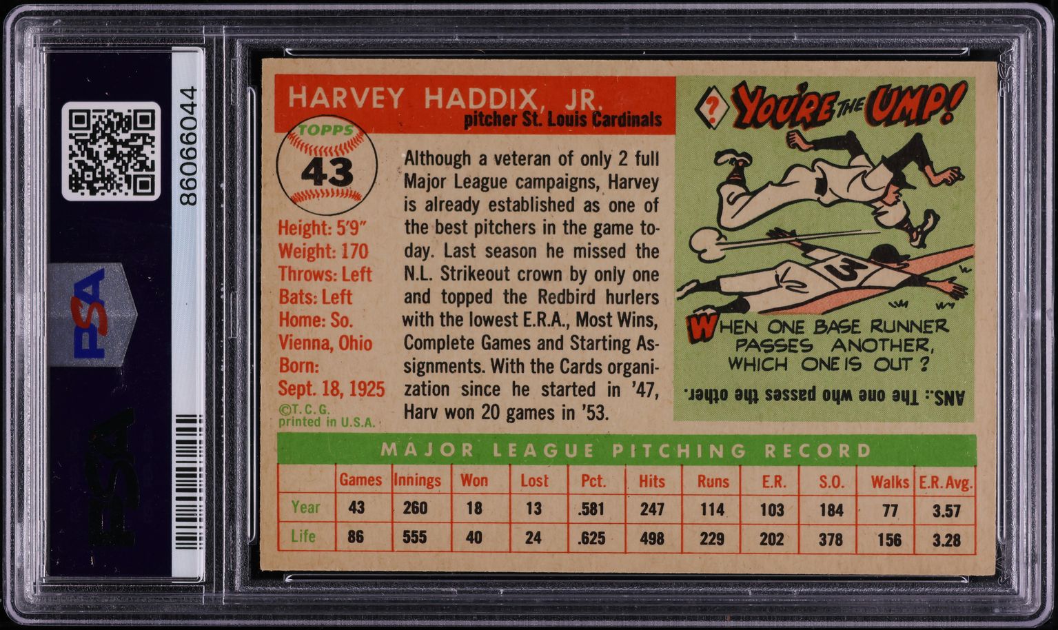1955 Topps Harvey Haddix #43 PSA 9 MINT