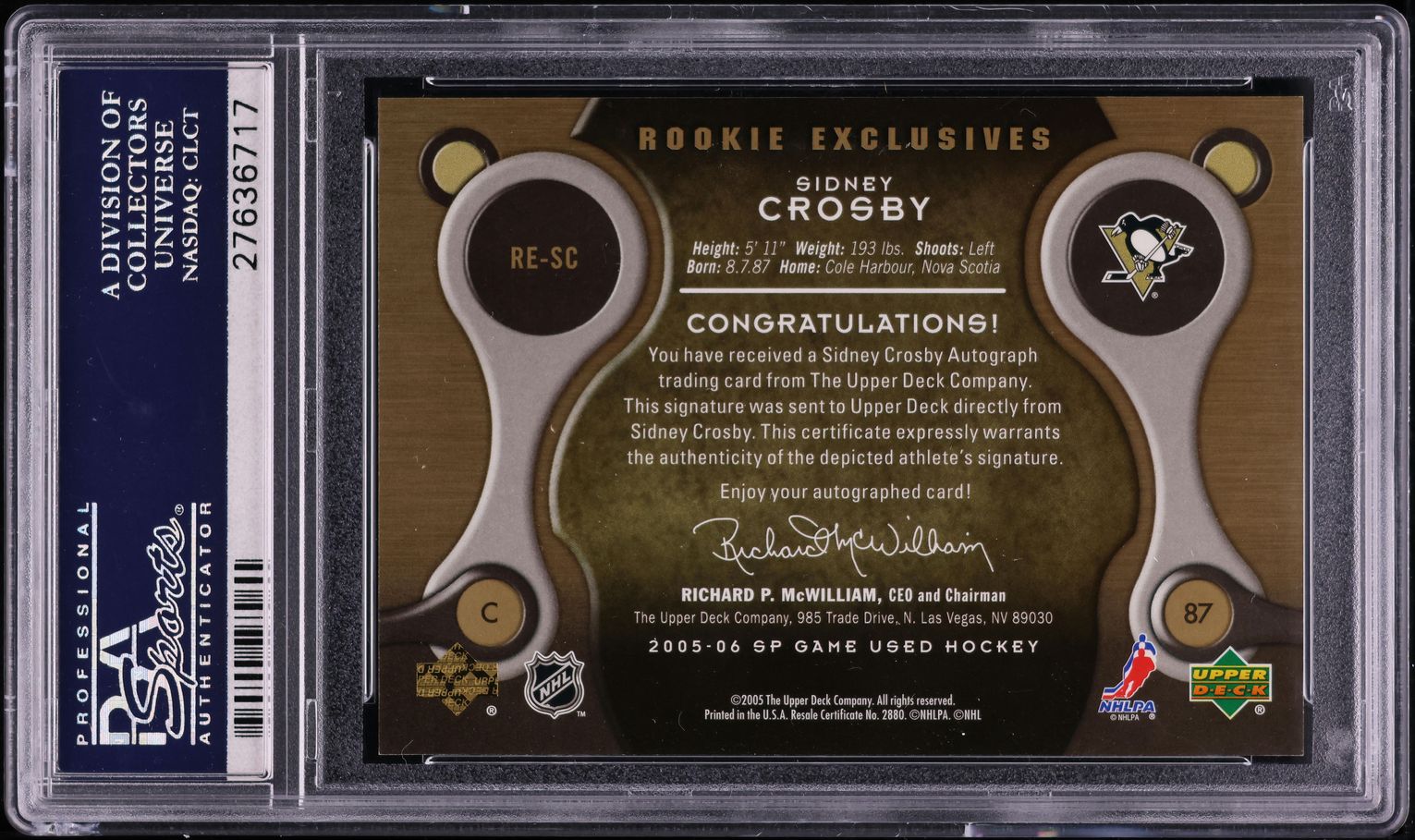 2005 SP Game Used Exclusives Sidney Crosby ROOKIE AUTO /100 #RE-SC PSA 10 GEM