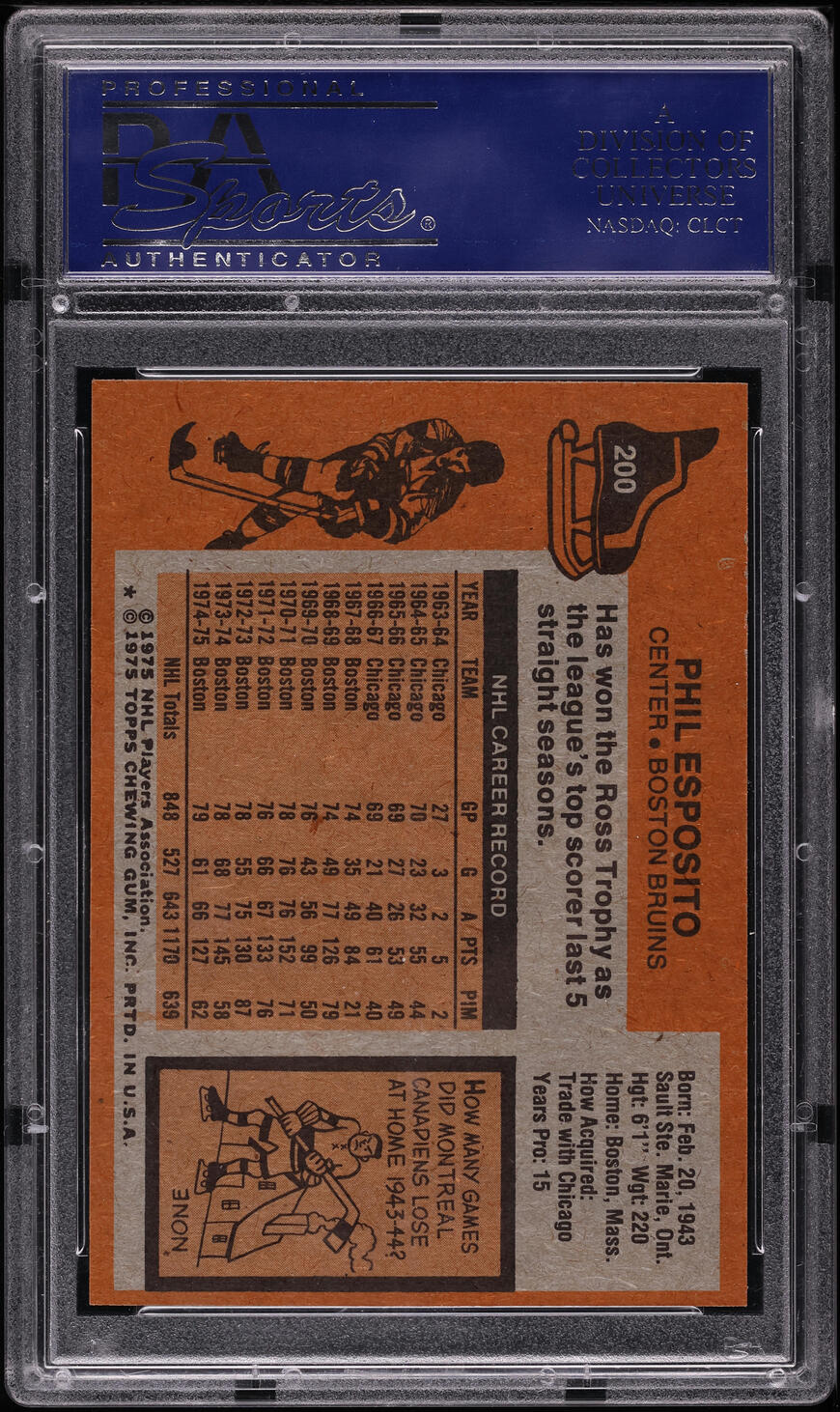 1975 Topps Hockey Phil Esposito #200 PSA 9 MINT