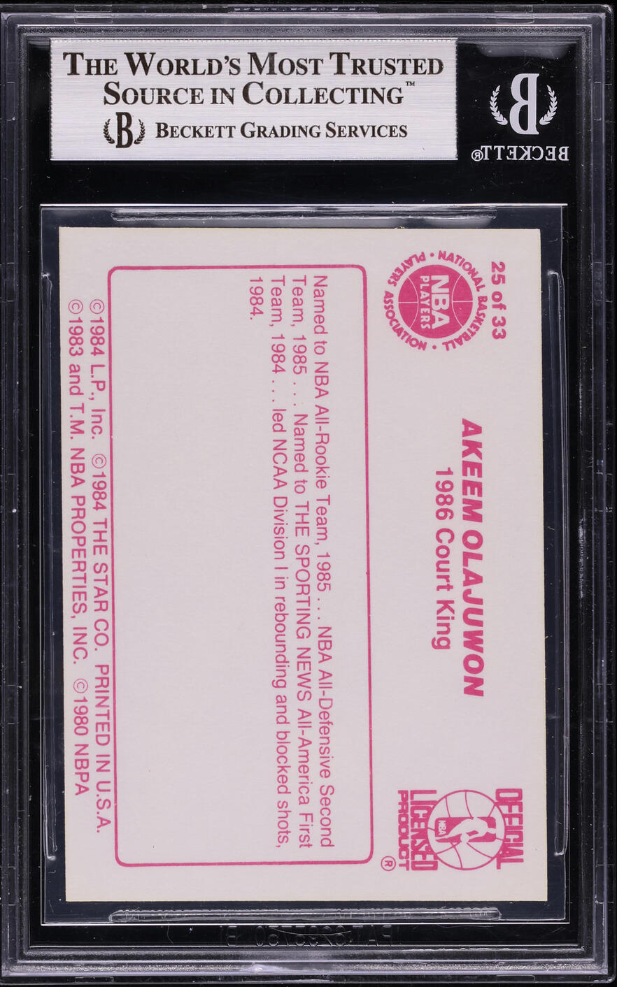 1986 Star Court Kings Hakeem Olajuwon ROOKIE #25 BGS 8.5 NM-MT+