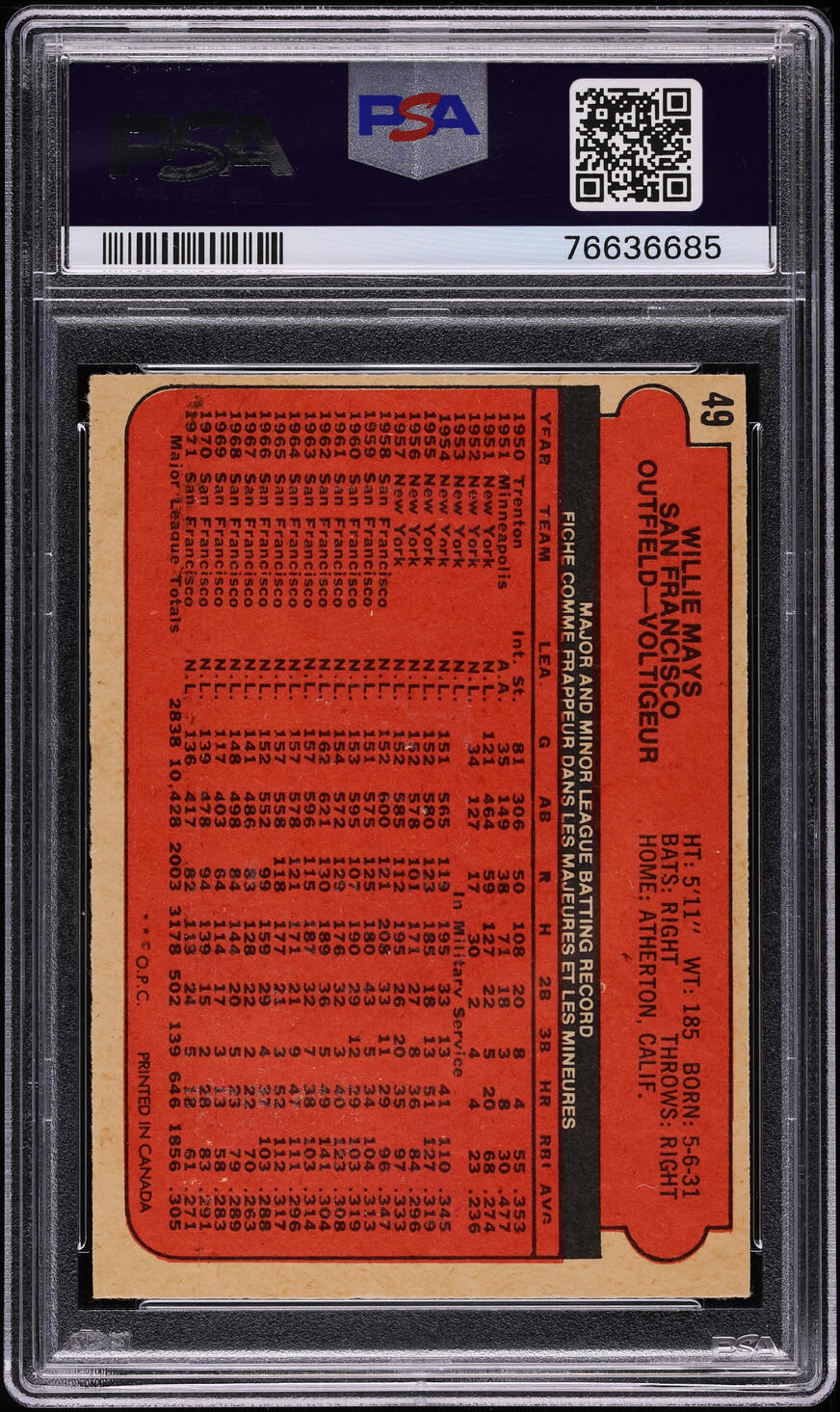 1972 O-Pee-Chee Willie Mays #49 PSA 5 EX