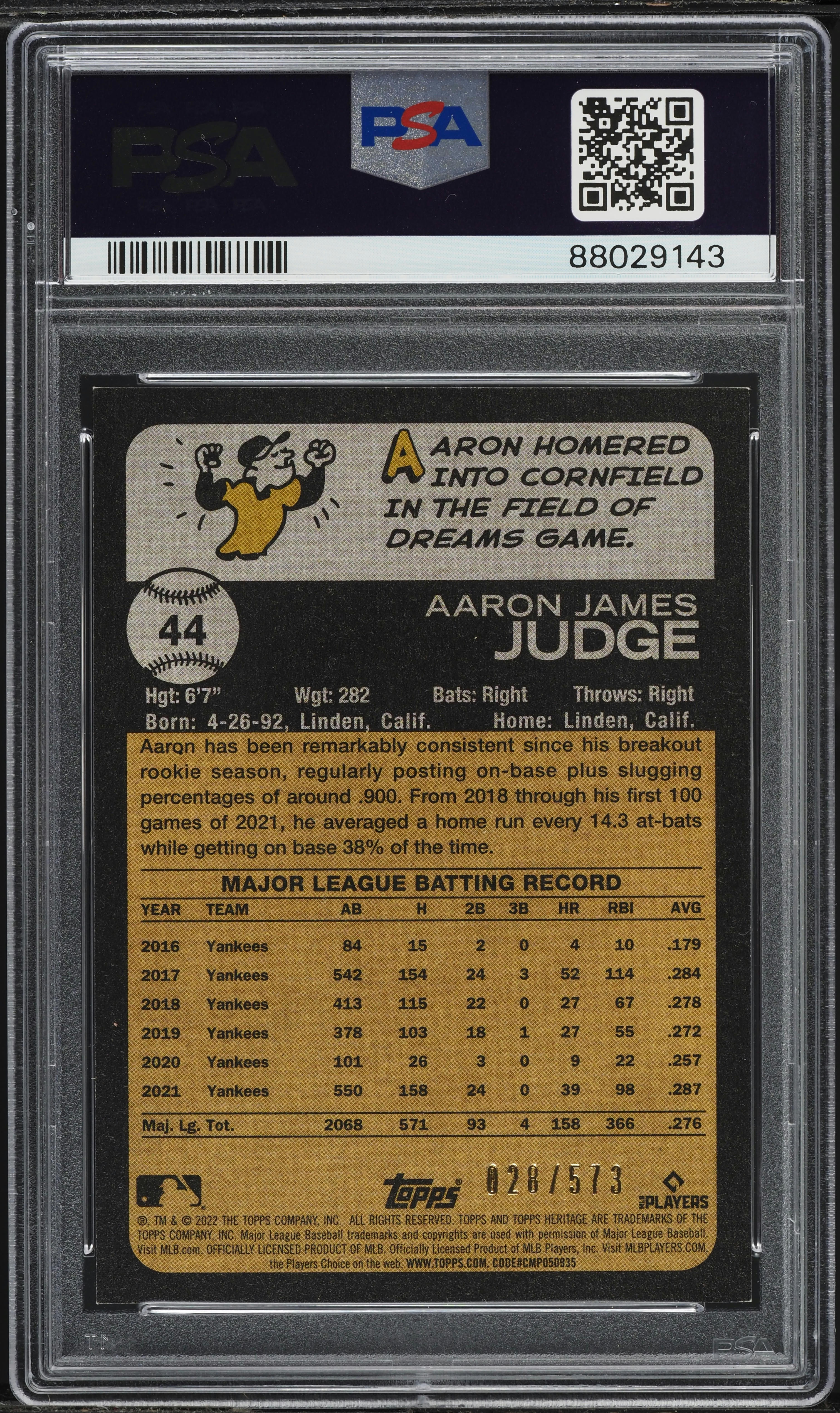 2022 Topps Heritage Chrome Red Refractor Aaron Judge /573 #44 PSA