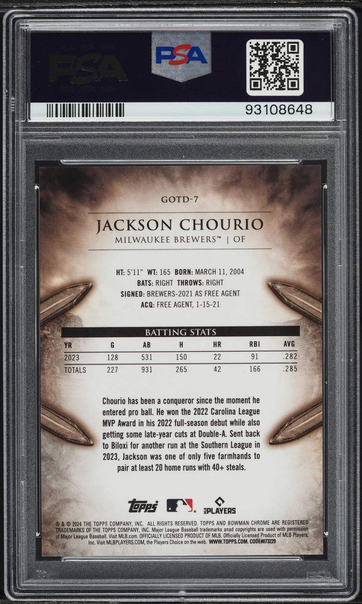 2024 Bowman Chrome Gladiators Of The Diamond Jackson Chourio #GOTD-7 PSA 10 GEM