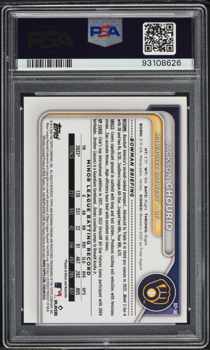 2024 Bowman Chrome Lunar Glow Refractor Jackson Chourio ROOKIE #BCP-140 PSA 10