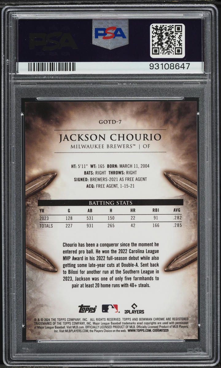 2024 Bowman Chrome Gladiators Of The Diamond Jackson Chourio #GOTD-7 PSA 10 GEM