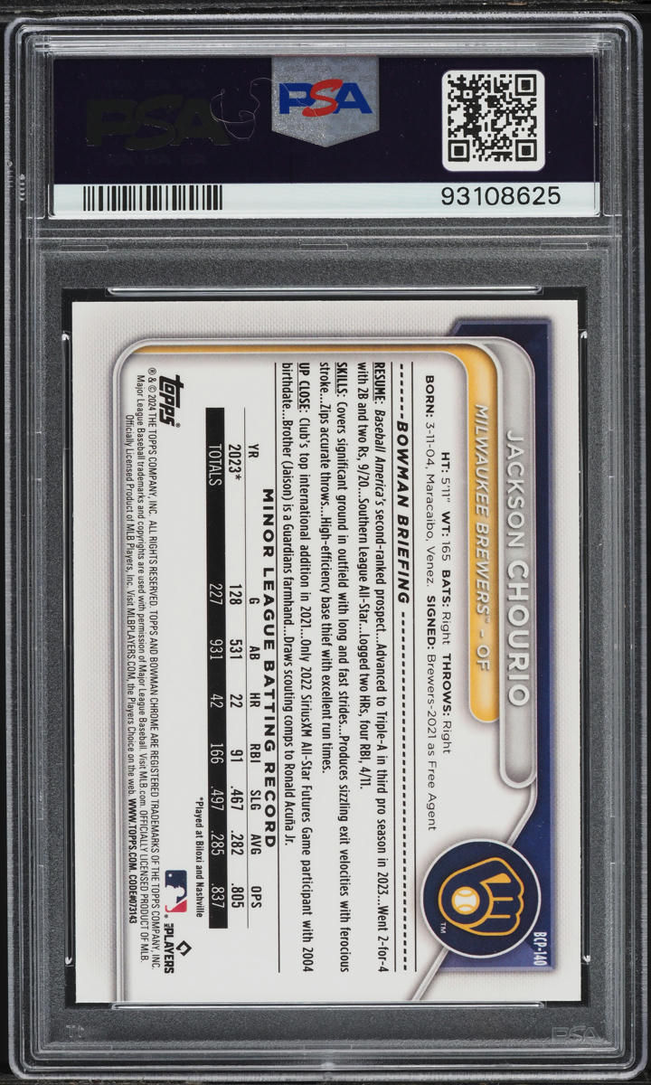 2024 Bowman Chrome Lunar Glow Refractor Jackson Chourio ROOKIE #BCP-140 PSA 10