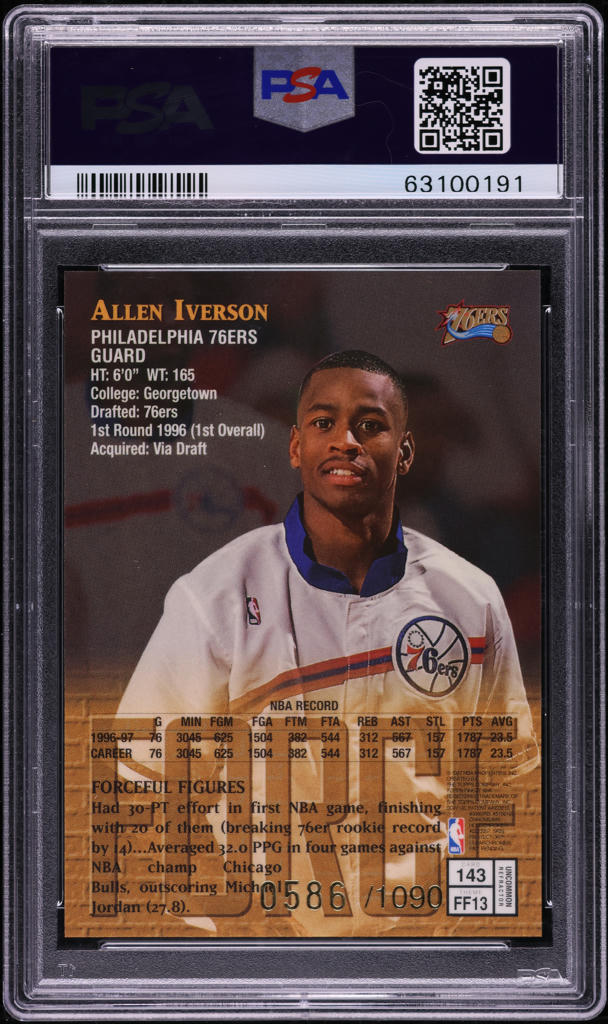 1997 Finest Refractor Allen Iverson /1090 #143 PSA 10 GEM MINT on