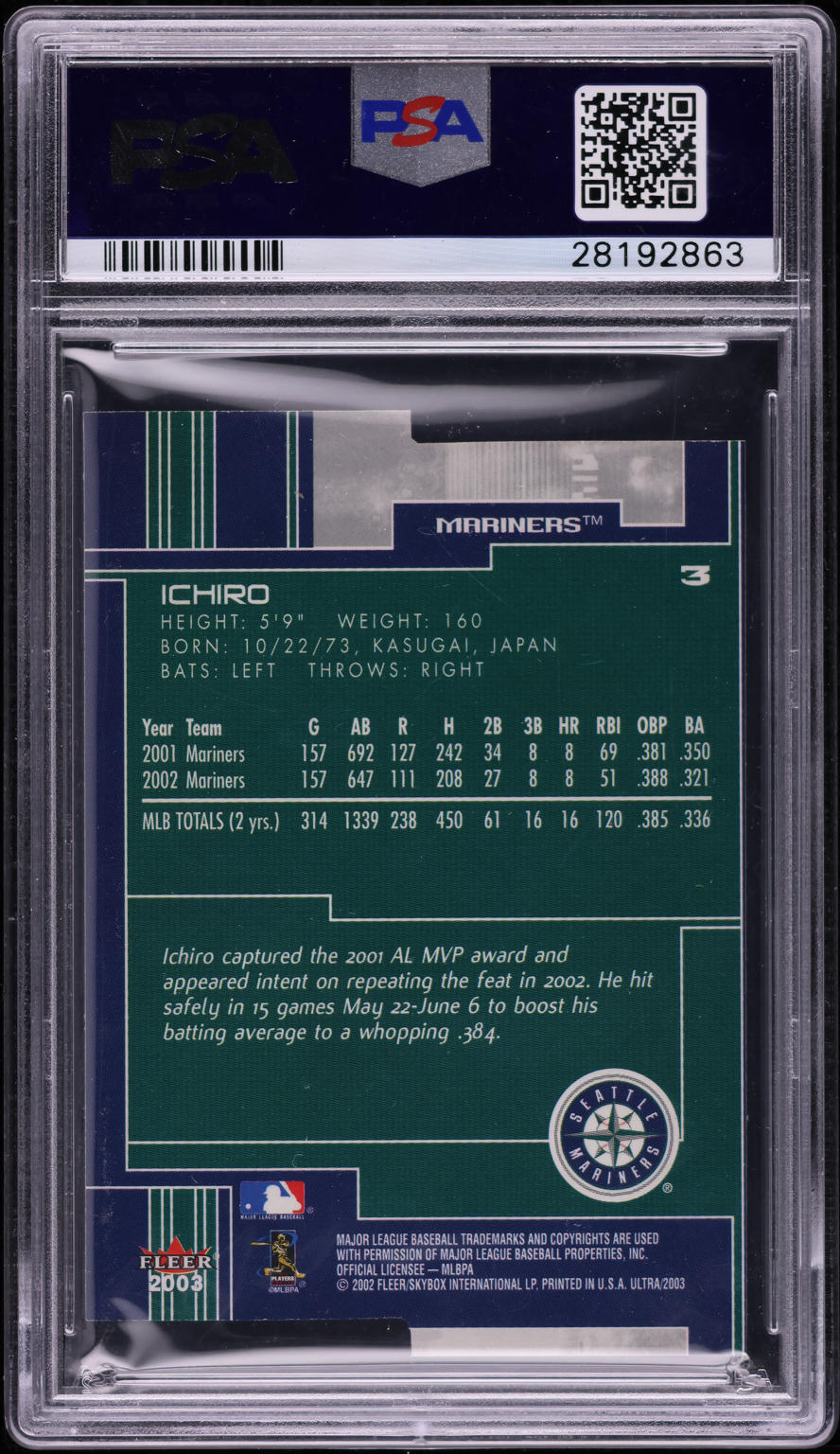 2003 Ultra Gold Medallion Ichiro Suzuki #3 PSA 9 MINT