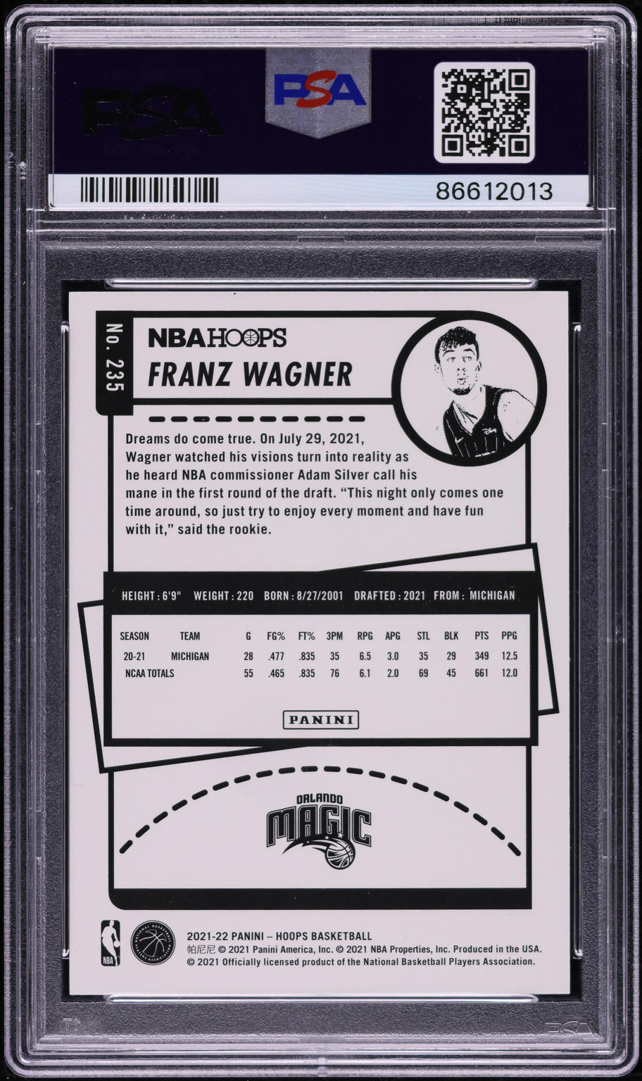 2021 Hoops Red Franz Wagner ROOKIE /75 #235 PSA 10 GEM MINT