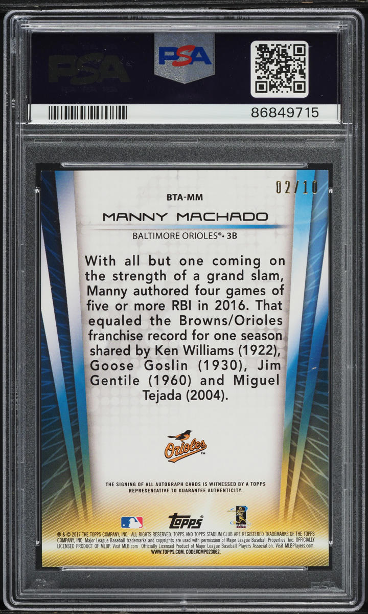 2017 Stadium Club Beam Team Manny Machado AUTO /10 #BTA-MM PSA 9 MINT