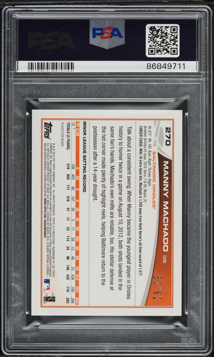 2013 Topps Mini Gold Manny Machado ROOKIE /62 #270 PSA 10 GEM MINT