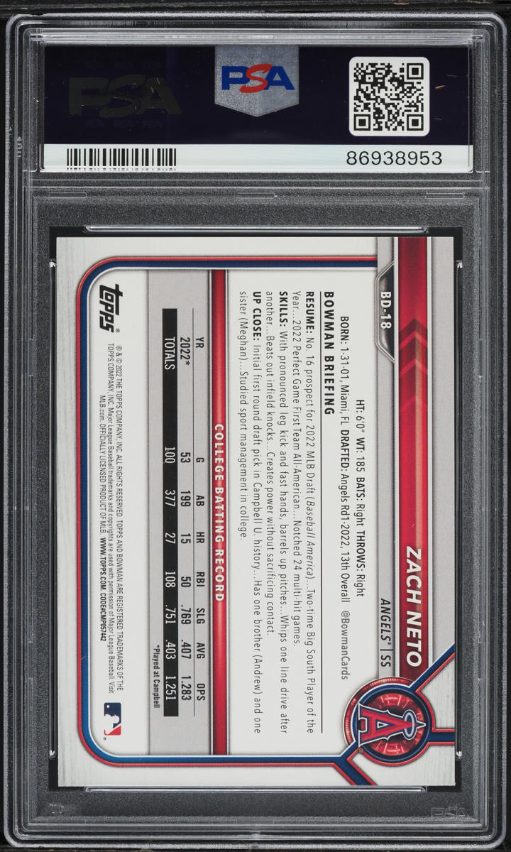 2022 Bowman Draft 1st Edition Zach Neto ROOKIE #BD-18 PSA 10 GEM MINT