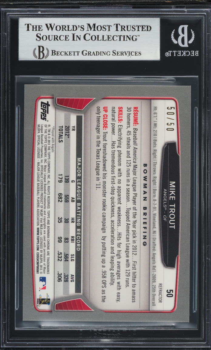 2013 Bowman Chrome Gold Refractor Mike Trout 50/50 #50 BGS 9 MINT