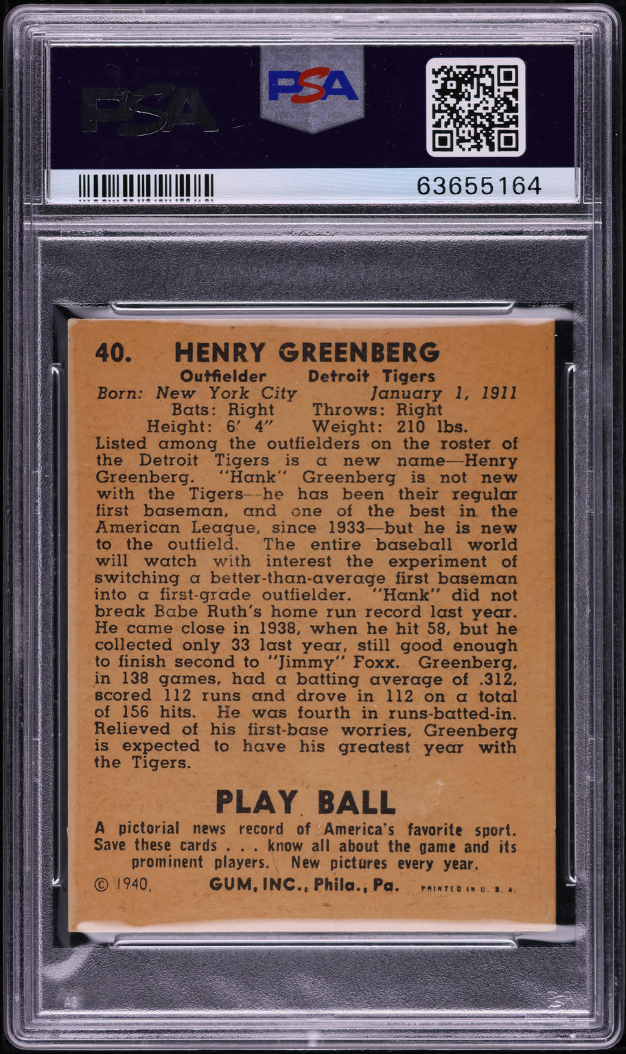 1940 Play Ball Hank Greenberg #40 PSA 5 EX