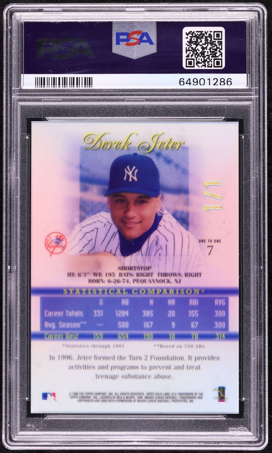 1998 Topps Gold Label Class 2 Derek Jeter 1/1 #7 PSA 8 NM-MT