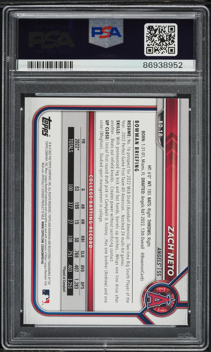 2022 Bowman Draft 1st Edition Zach Neto ROOKIE #BD-18 PSA 10 GEM MINT