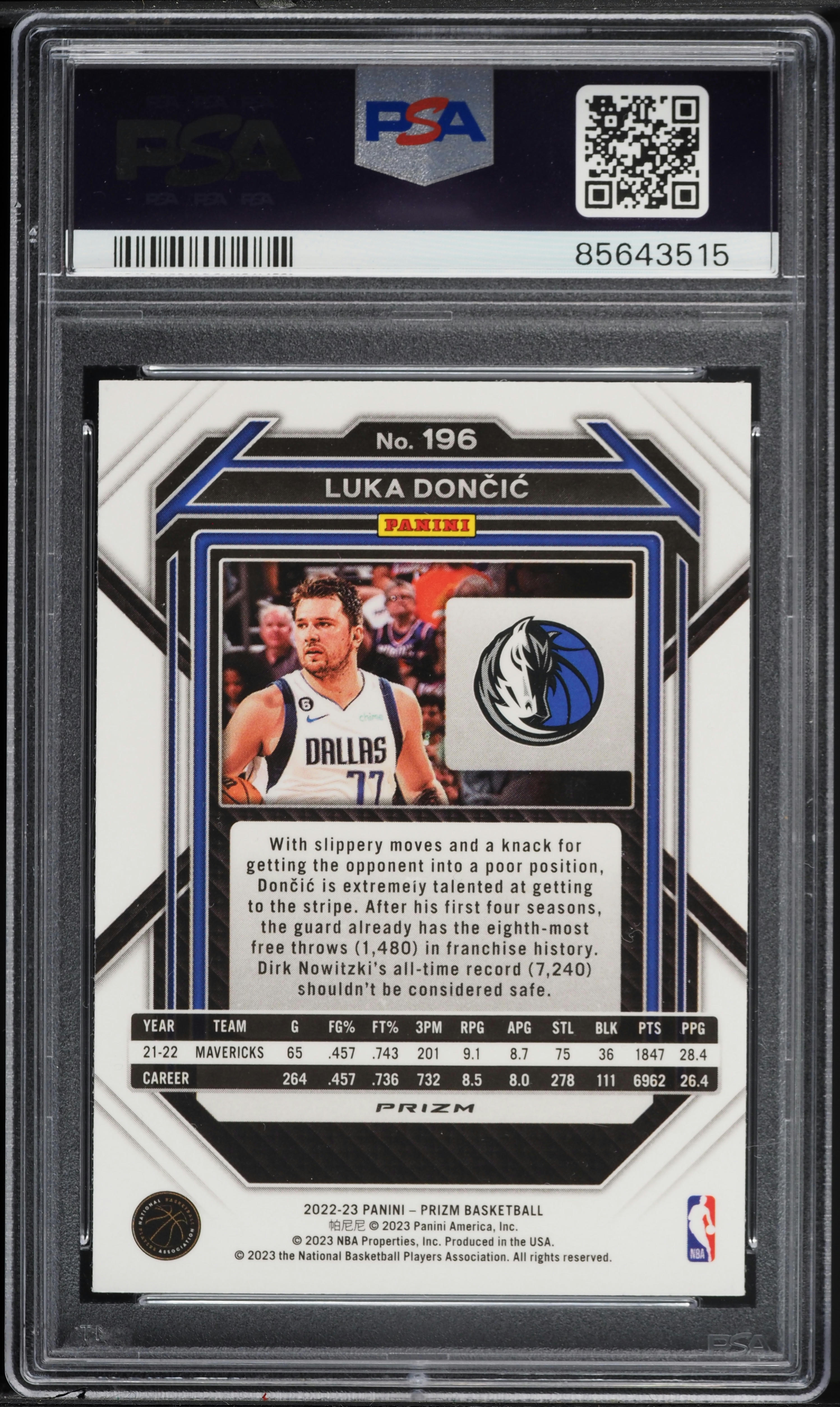 2022 Panini Prizm White Sparkle Luka Doncic #196 PSA 9 MINT on