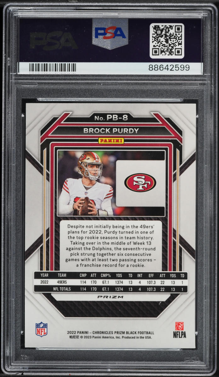 2022 Panini Chronicles Prizm Black Silver Brock Purdy ROOKIE PSA