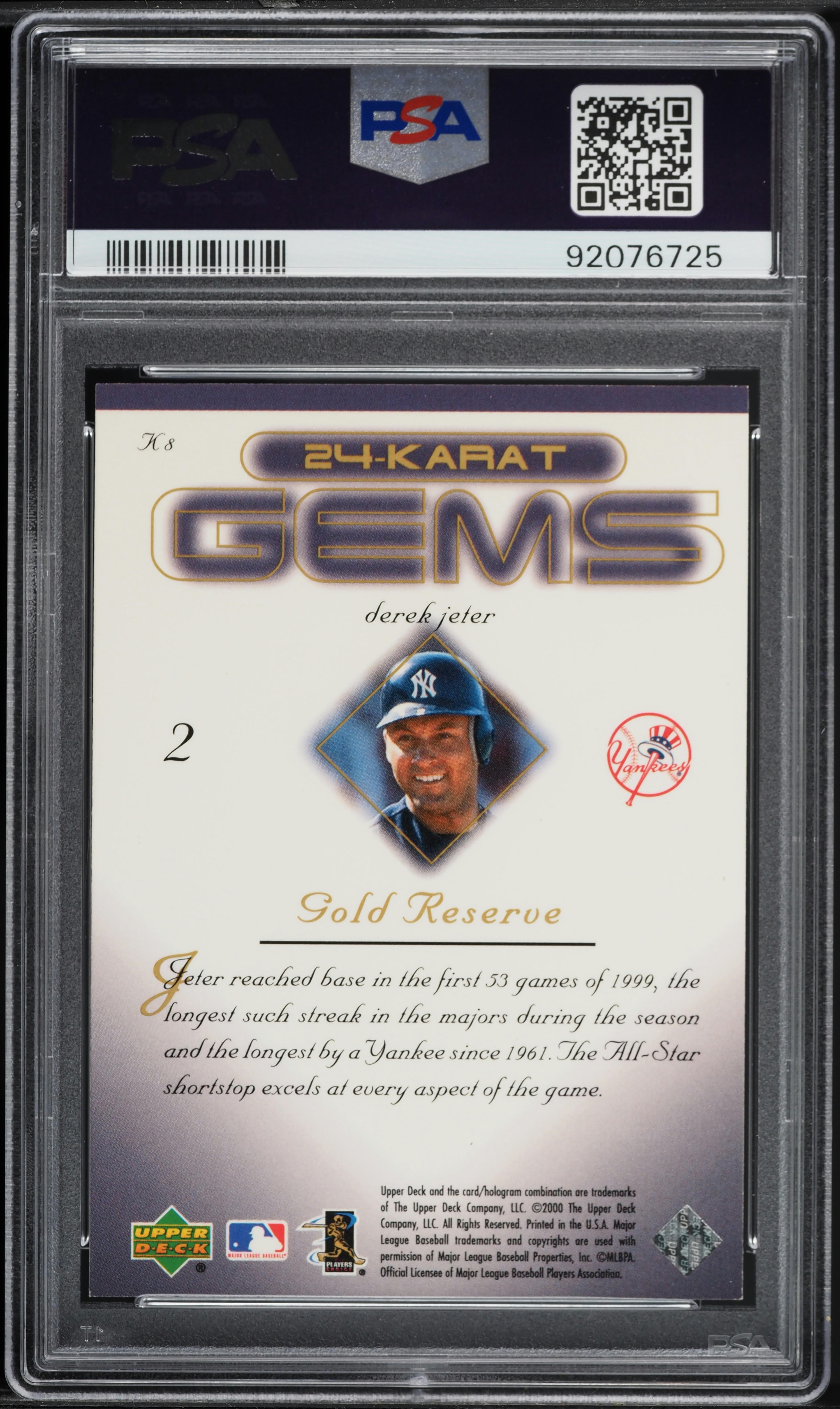 2000 Upper Deck Gold Reserve 24-Karat Gems Derek Jeter #K8 PSA 8
