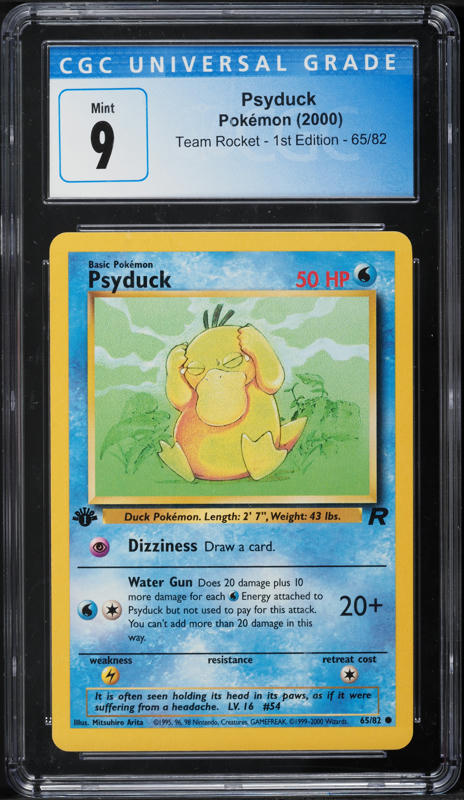 1995 psyduck pokemon card 2000 Team Rocket 1st Edition #65 CGC 9.5 MINT+ on Fanatics Collect Common Retreat cost Psyduck 53/62 - Fossil