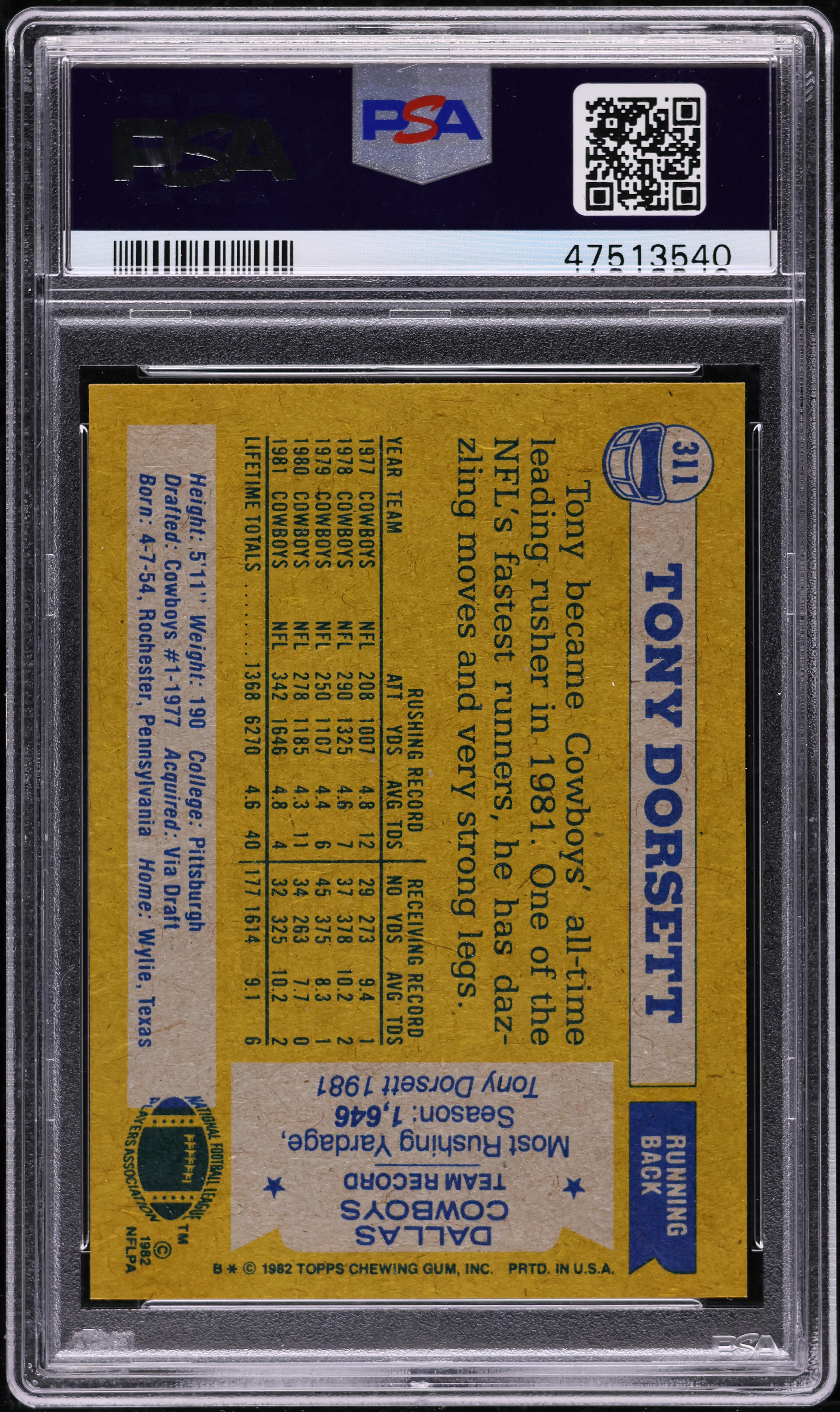 1982 Topps Football Tony Dorsett ALL-PRO #311 PSA 9 MINT on