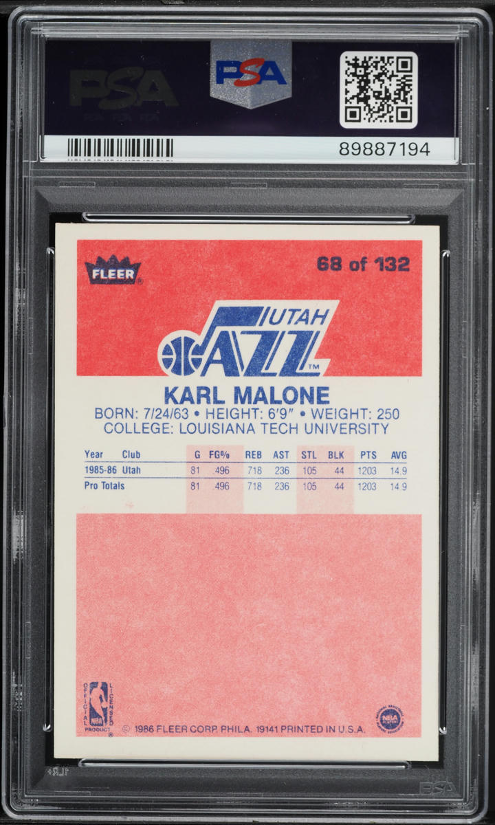 1986 Fleer Basketball Karl Malone ROOKIE #68 PSA 9 MINT