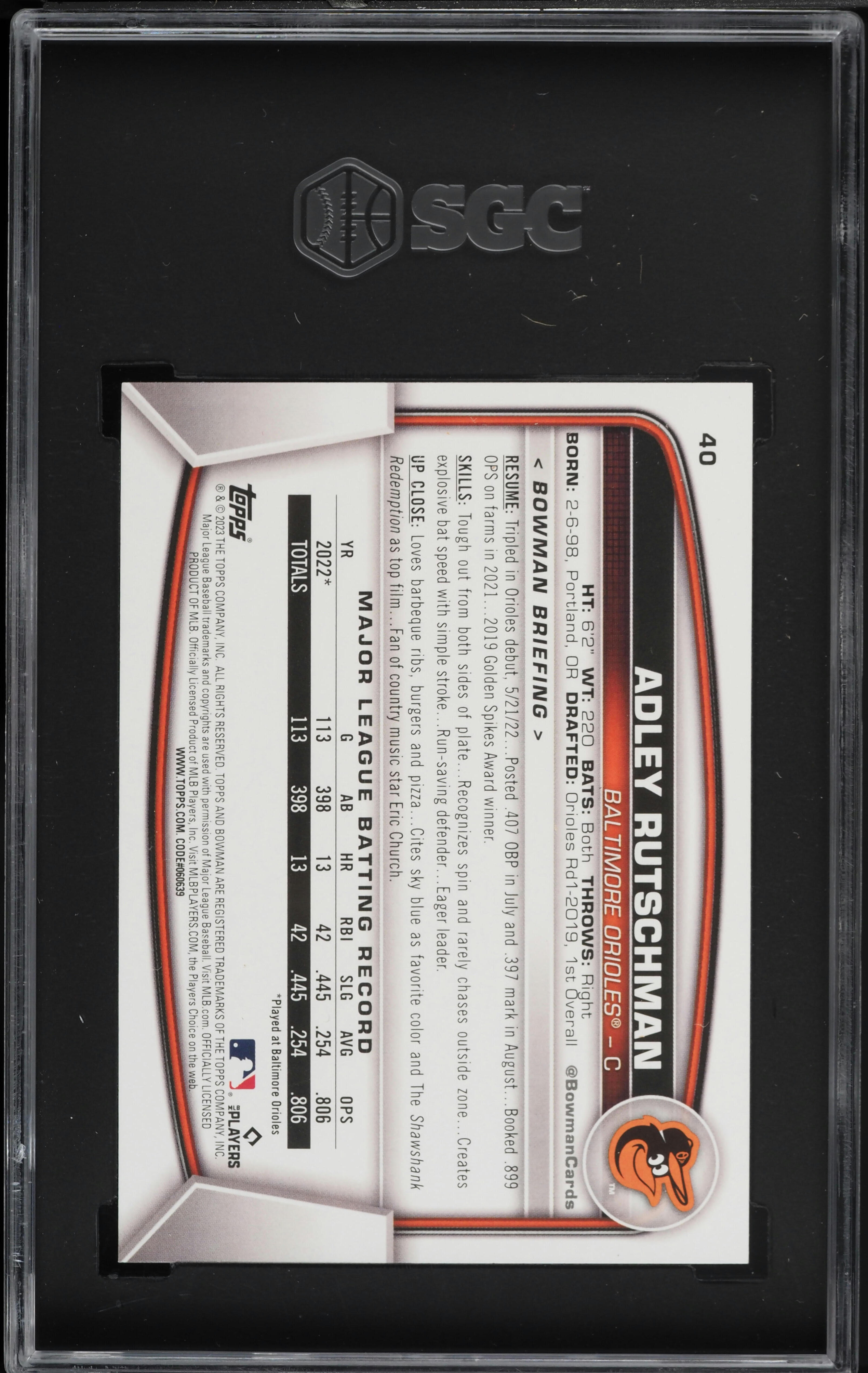 2023 Bowman Adley Rutschman ROOKIE #40 SGC 10 GEM MINT on Fanatics