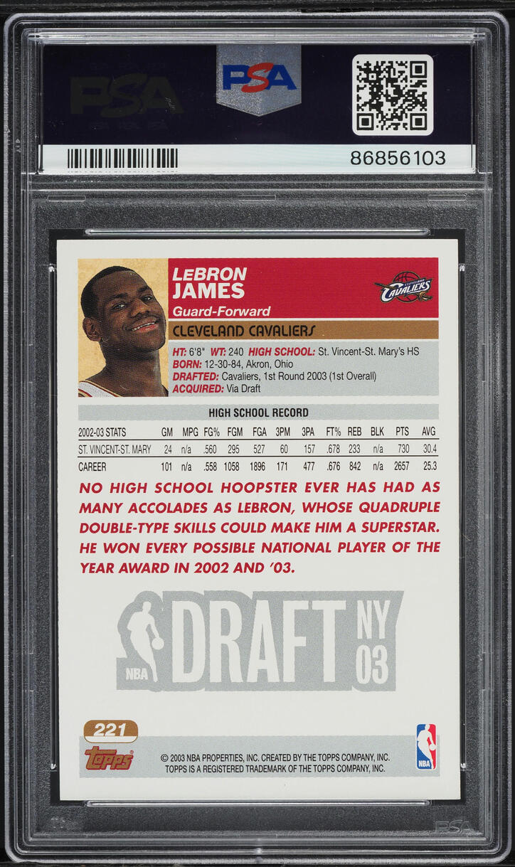 2003 Topps Basketball LeBron James ROOKIE #221 PSA 8 NM-MT