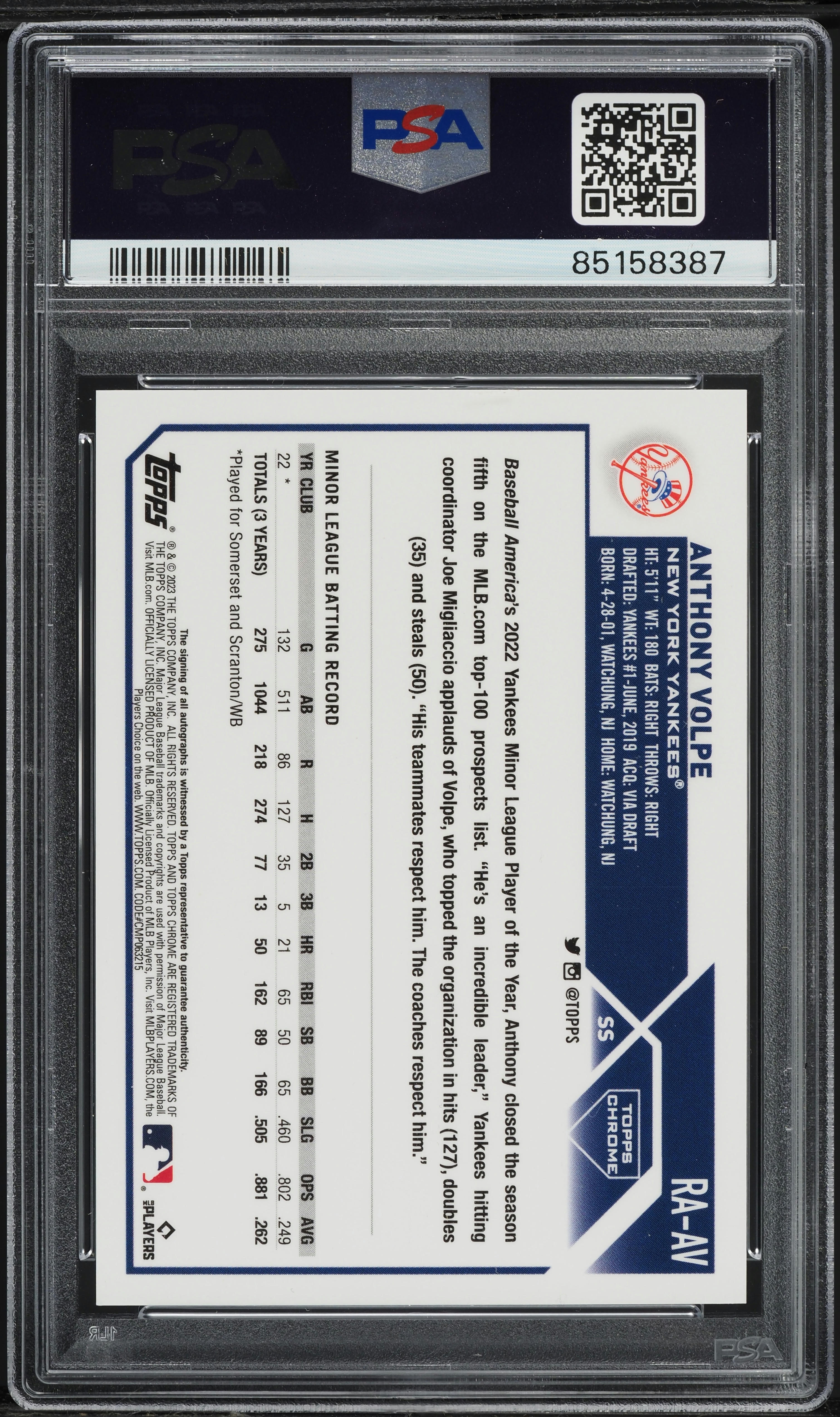 2023 Topps Chrome Blue Refractor Anthony Volpe ROOKIE AUTO /150