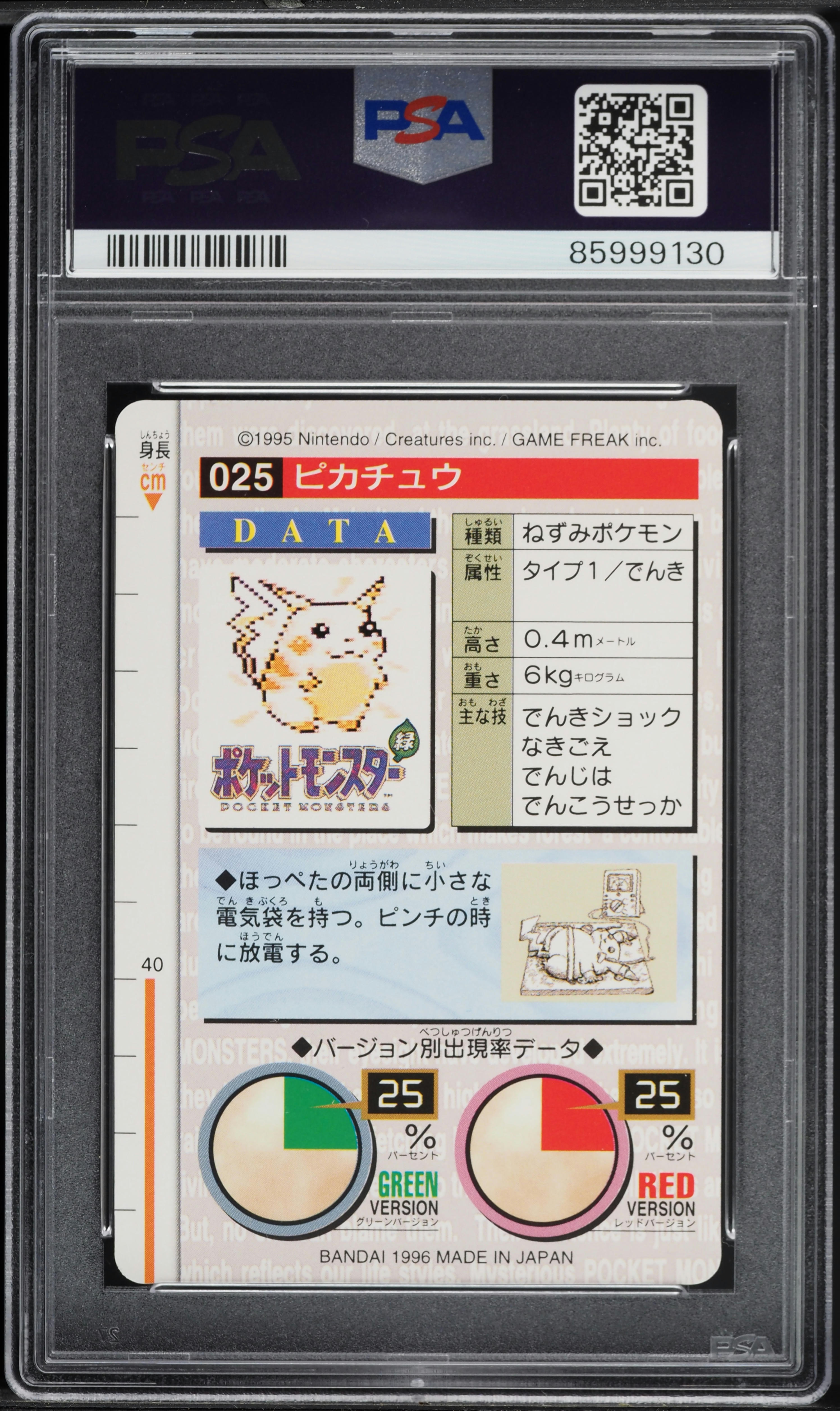 1996 Pokemon Japanese Bandai Carddass Vending Pikachu #25 PSA 10