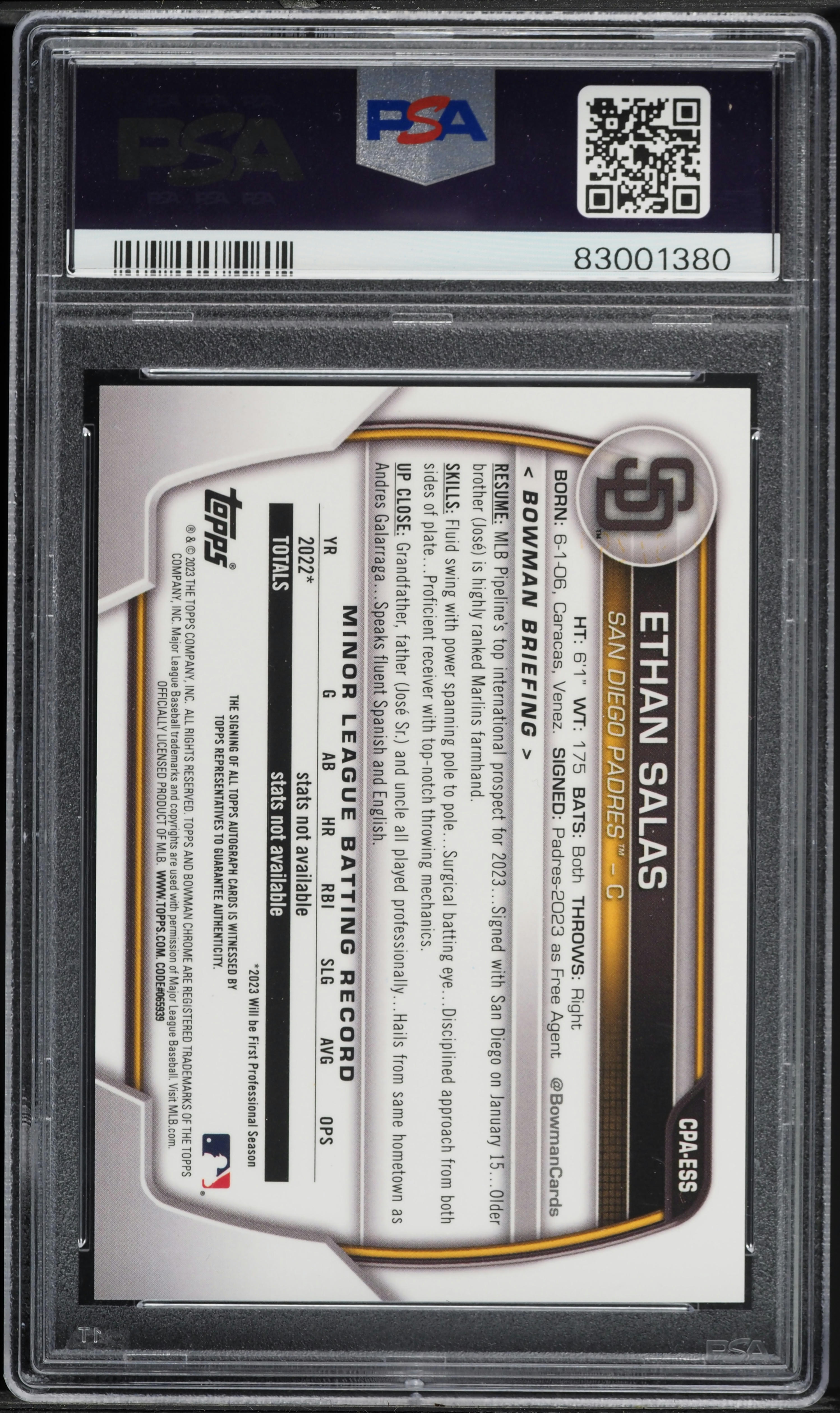 2023 Bowman Chrome Speckle Refractor Ethan Salas ROOKIE AUTO DNA