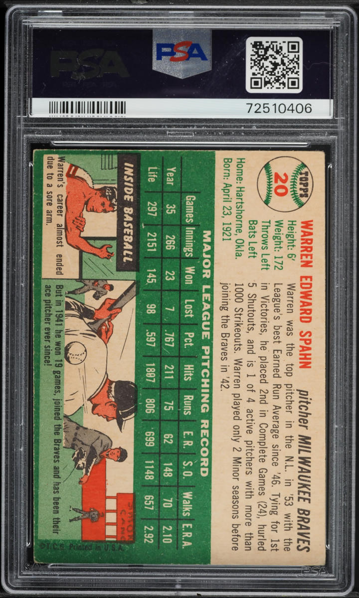 1954 Topps Warren Spahn #20 PSA 4 VGEX