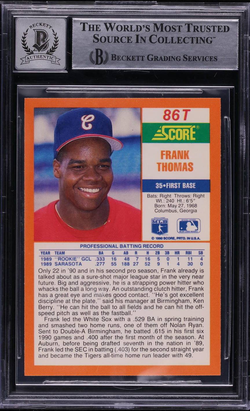 1990 Score Traded Frank Thomas ROOKIE #86T BGS AUTH