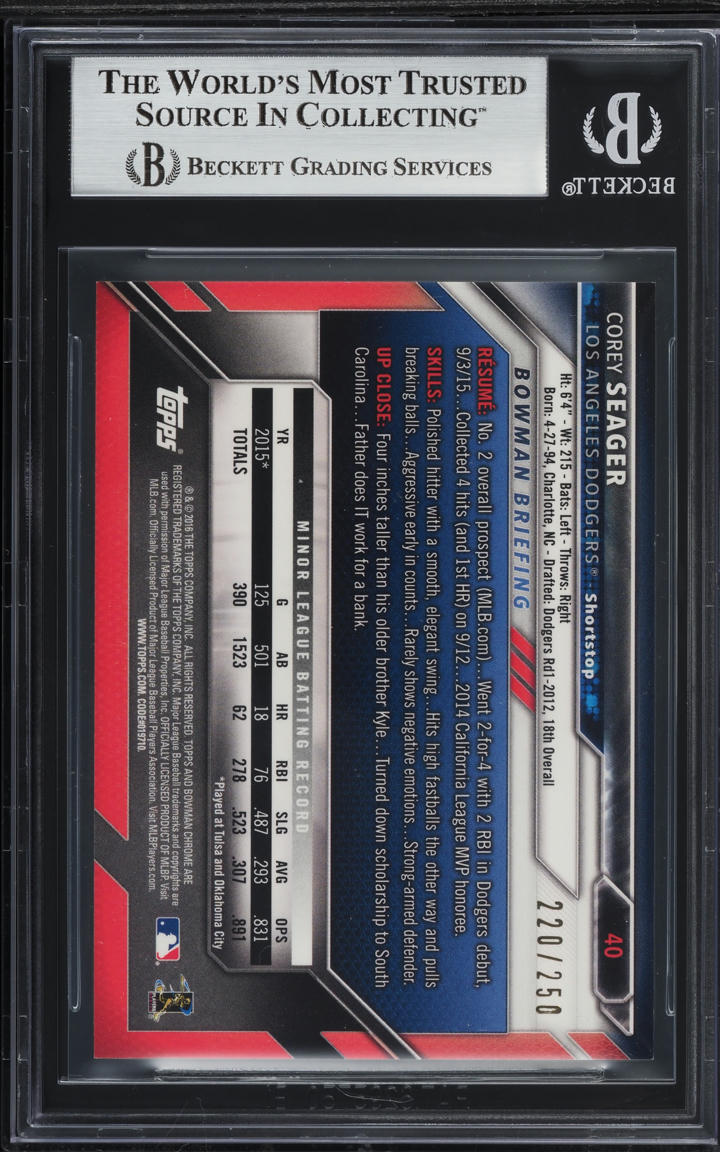 2016 Bowman Chrome Purple Refractor Corey Seager ROOKIE /250 #40 BGS 9 MINT