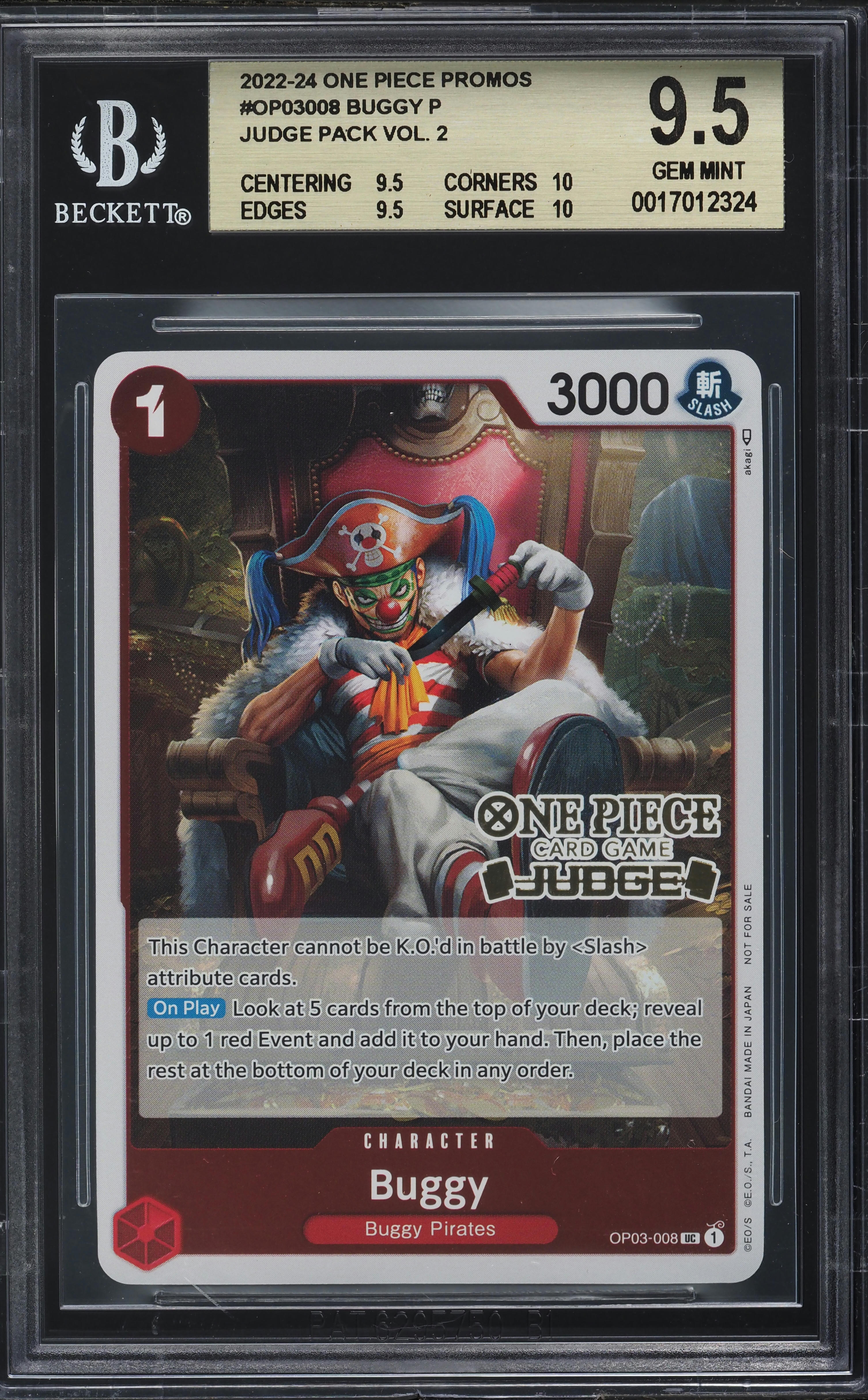 2022 One Piece Promo Judge Pack Vol 2 Buggy #OP03-008 BGS 9.5 GEM MINT on Fanatics Collect 2022 One Piece Promo Judge Pack Vol 2 Buggy #OP03-008 BGS 9.5 GEM MINT on Fanatics Collect